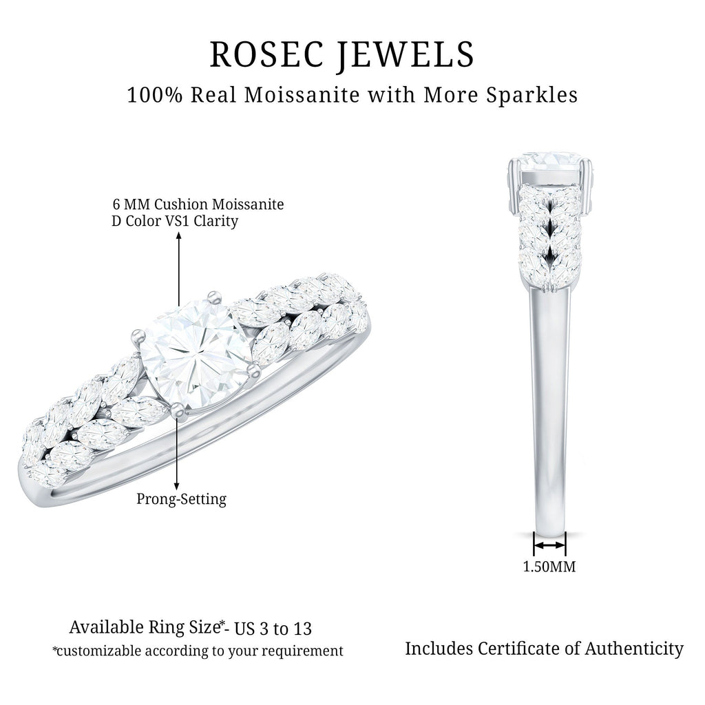 Cushion Cut Moissanite Solitaire Engagement Ring with Side Stones