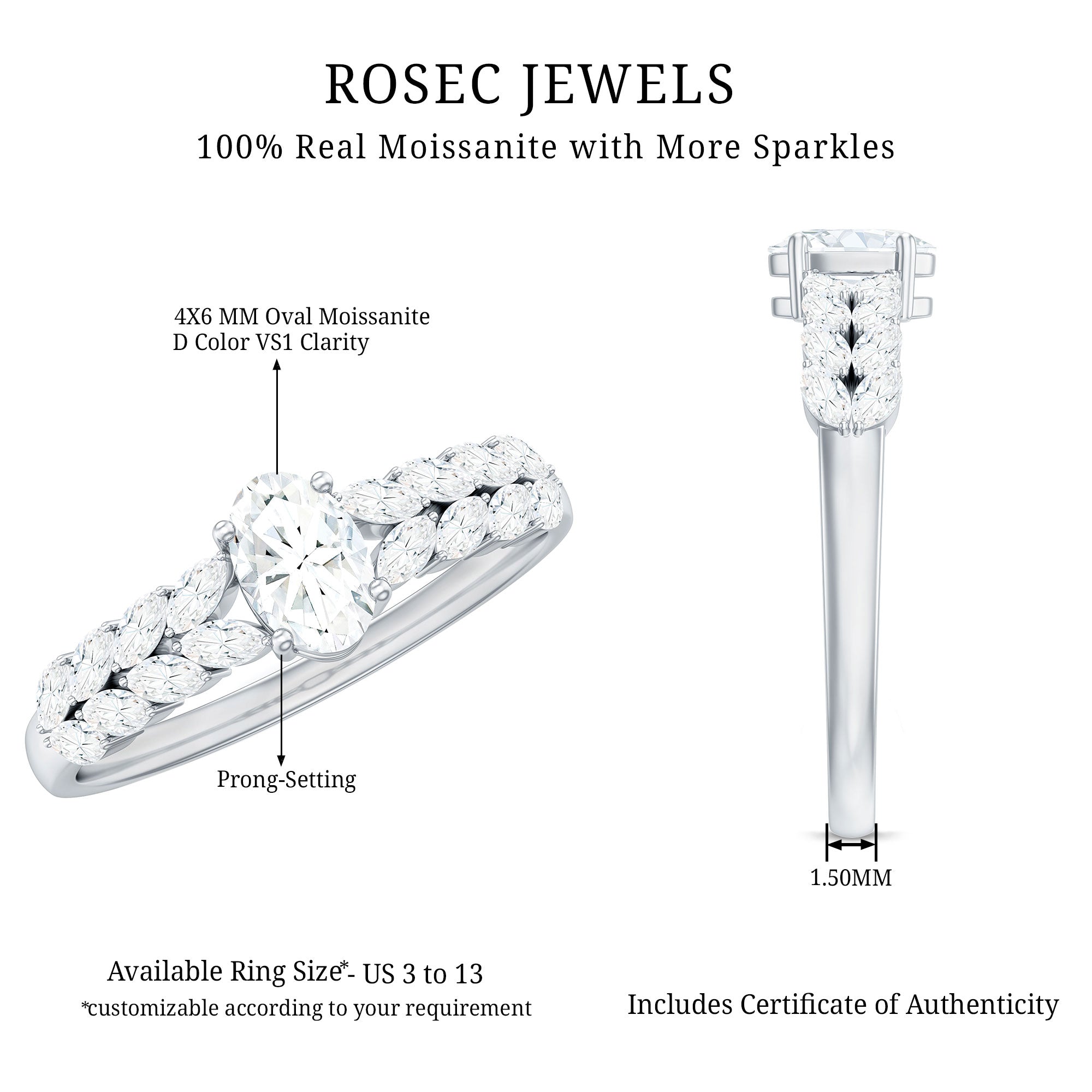0.4 Carat Oval Cut Certified Moissanite Engagement Split Shank Ring