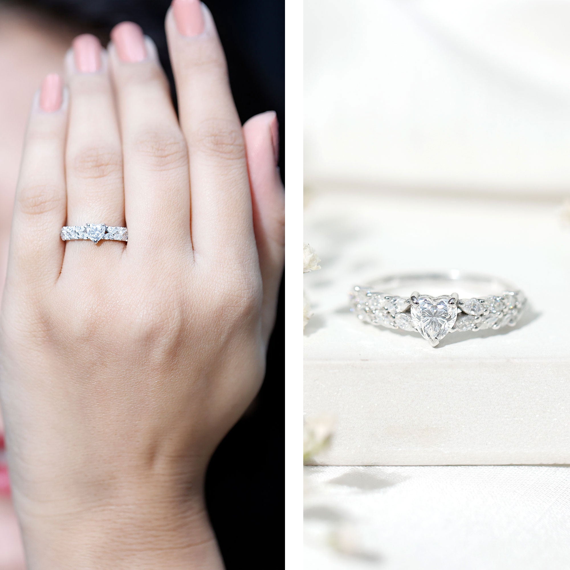 Heart Shape Moissanite Engagement Ring with Side Stones