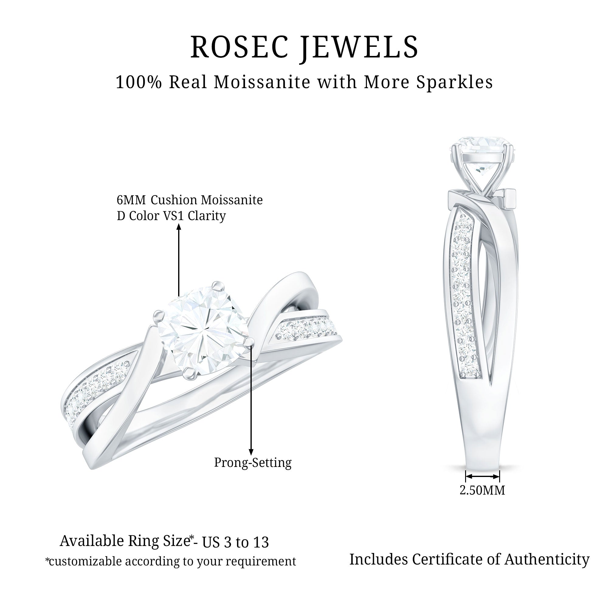 Cushion Cut Solitaire Moissanite Infinity Engagement Ring