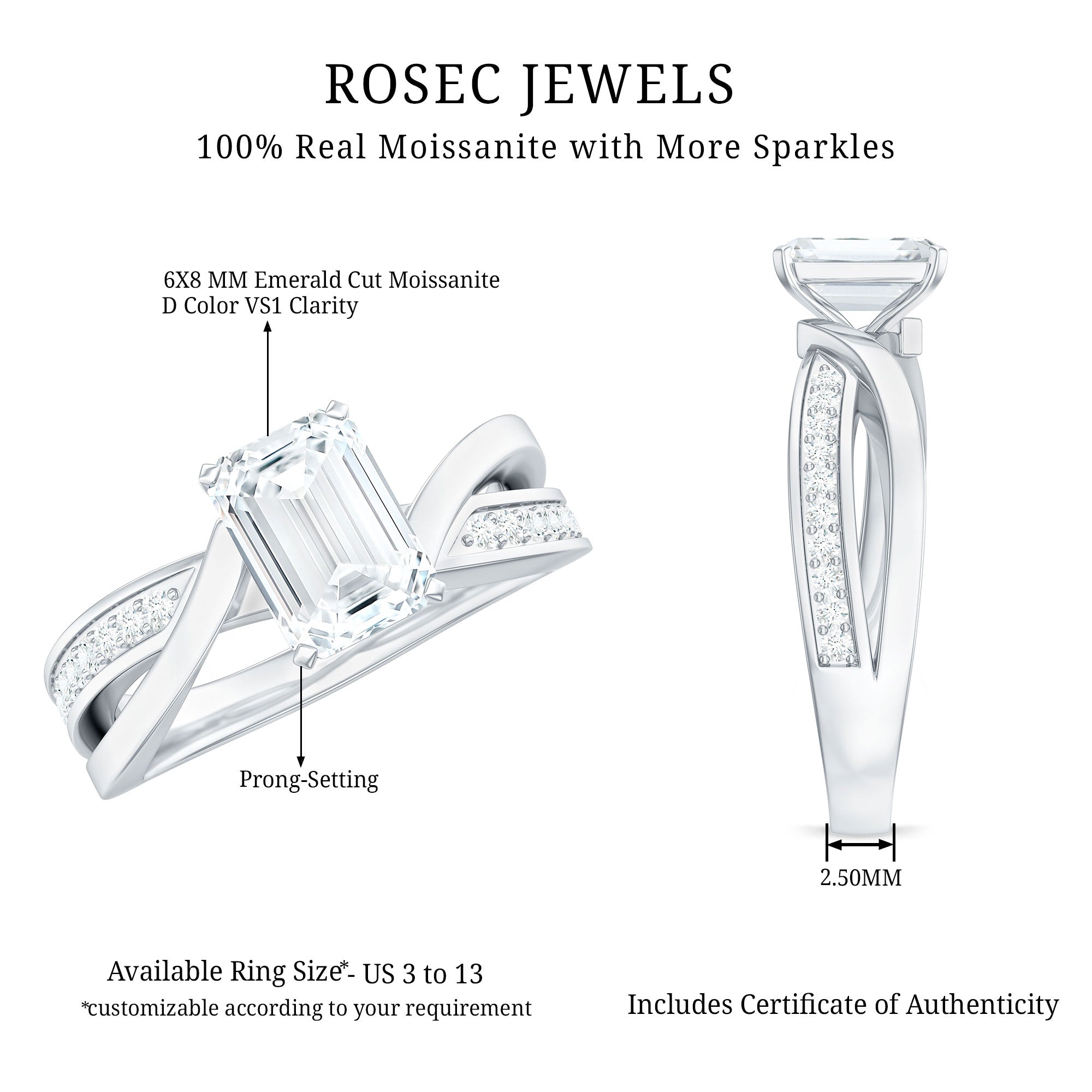 1.8 Carat Emerald Cut Moissanite Infinity Engagement Ring