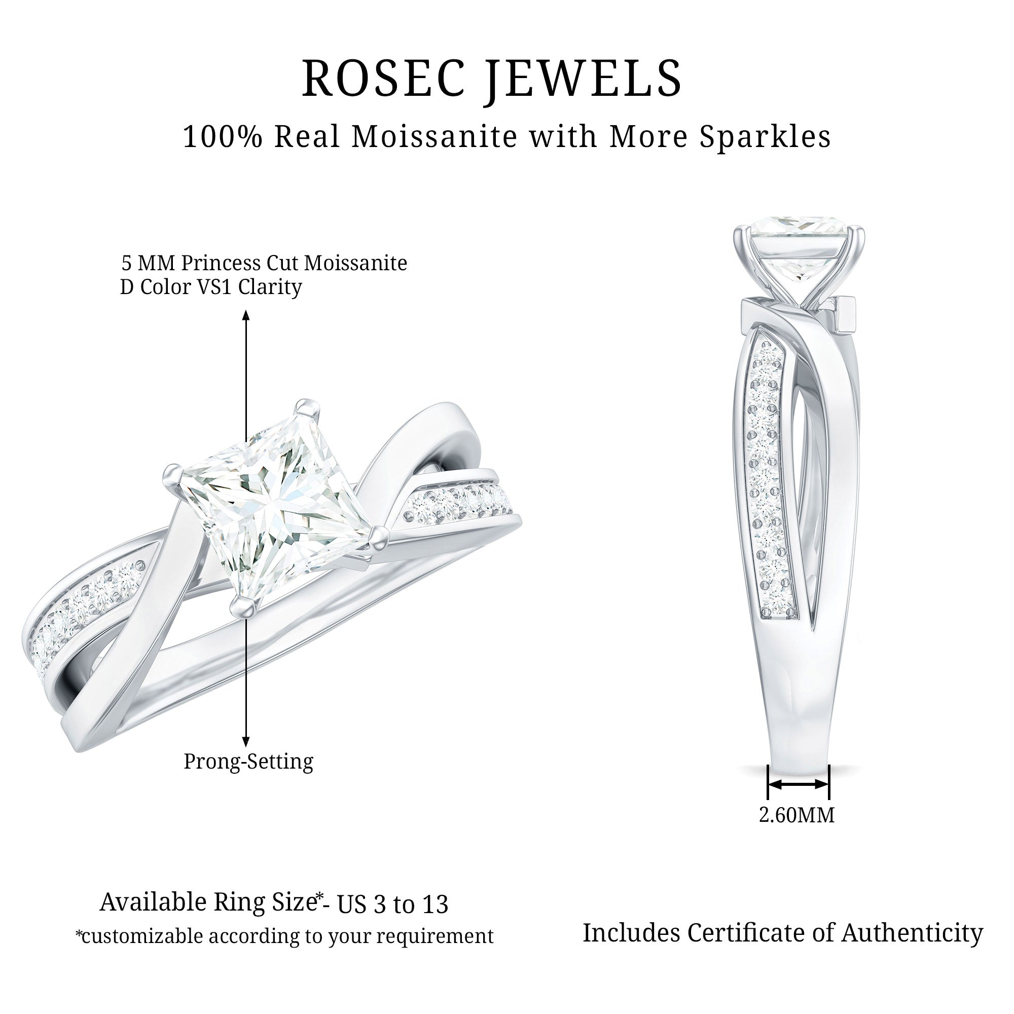 0.7 Carat Princess Cut Moissanite Solitaire Infinity Engagement Ring