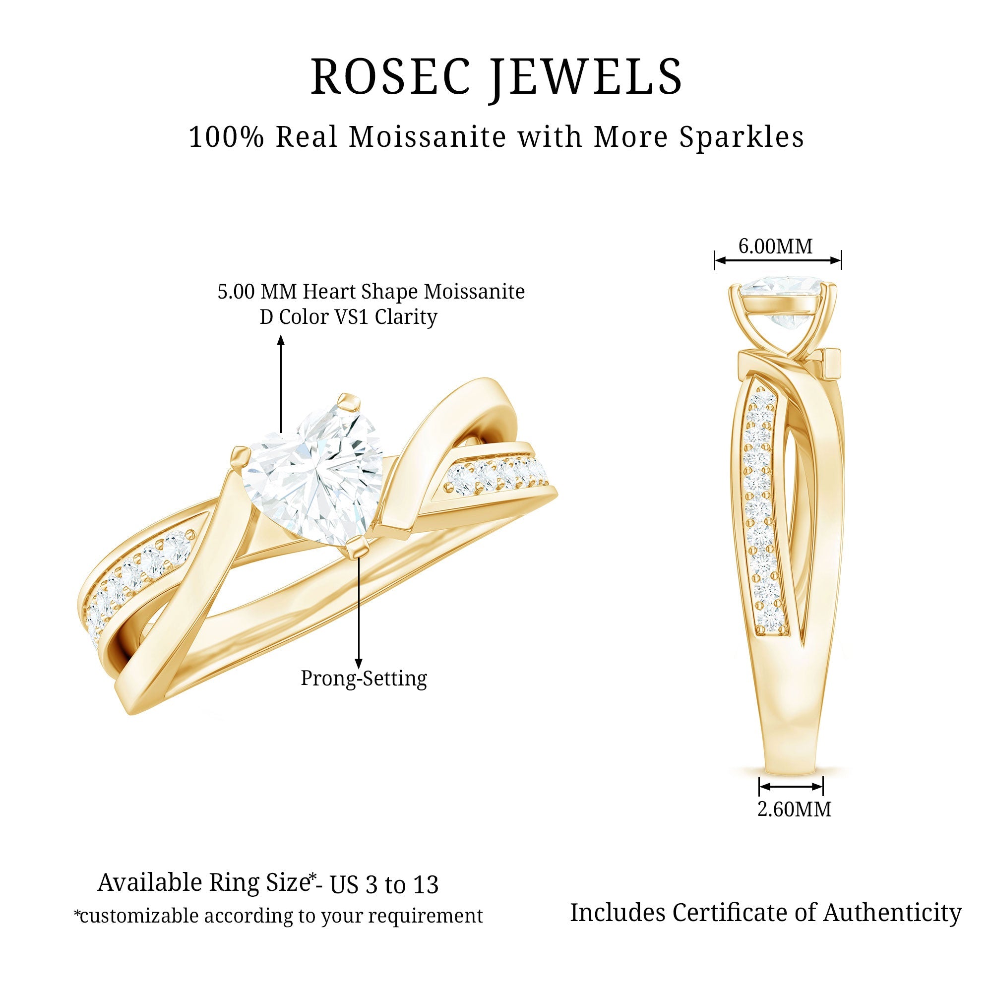Certified Heart Moissanite Solitaire Engagement Ring