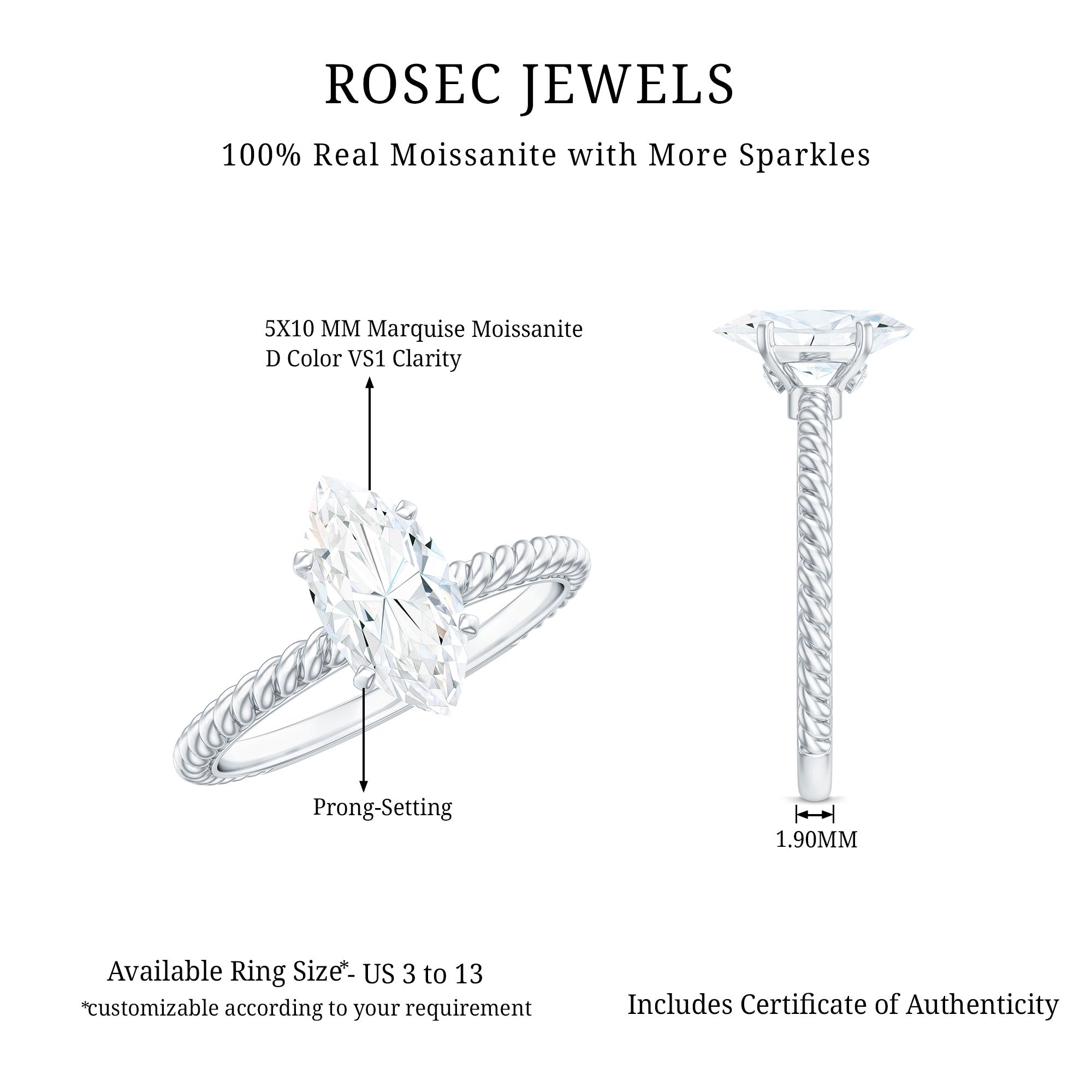 1 Carat Marquise Cut Moissanite Solitaire Engagement Ring with Twisted Rope Shank