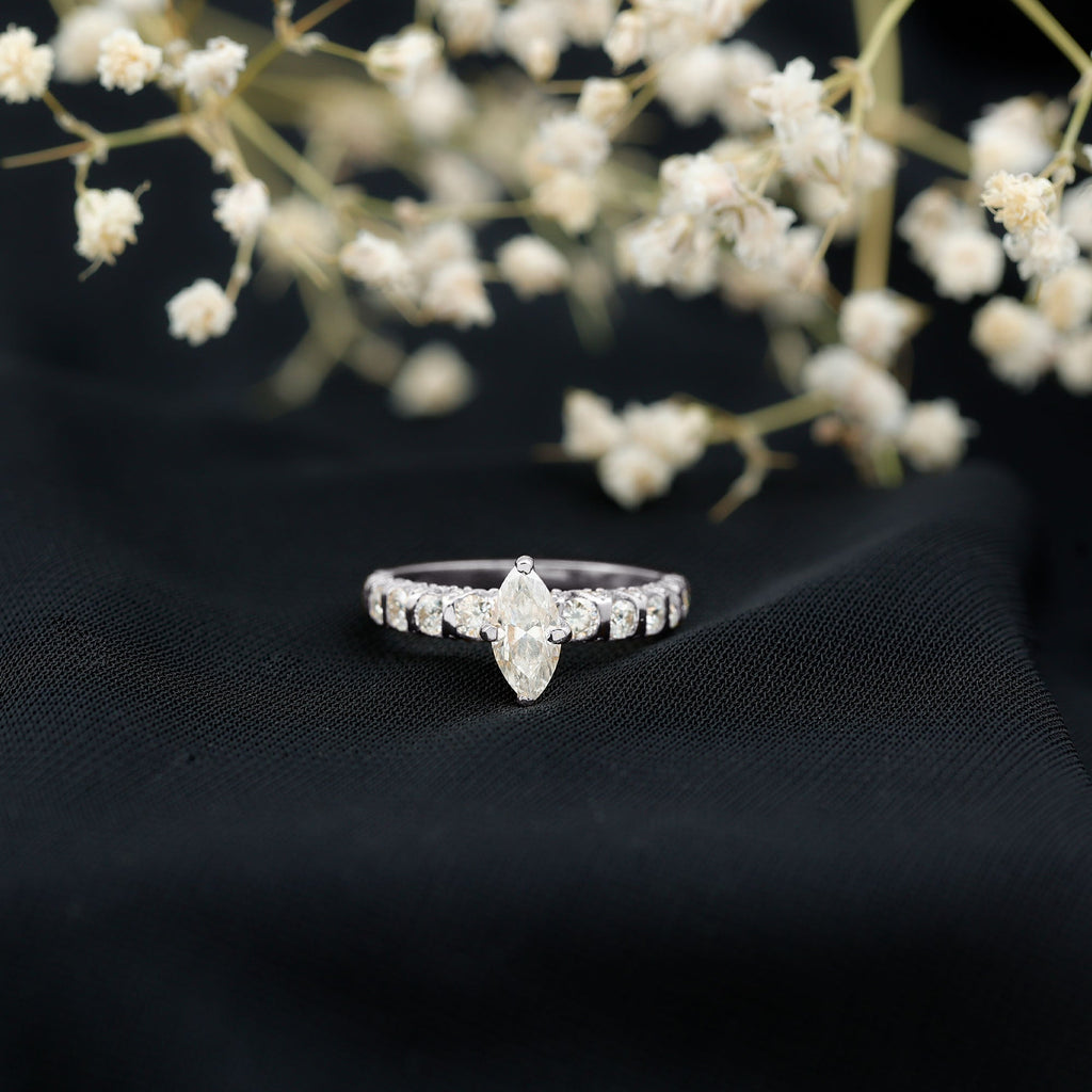 Marquise Moissanite Solitaire Engagement Ring with Side Stones