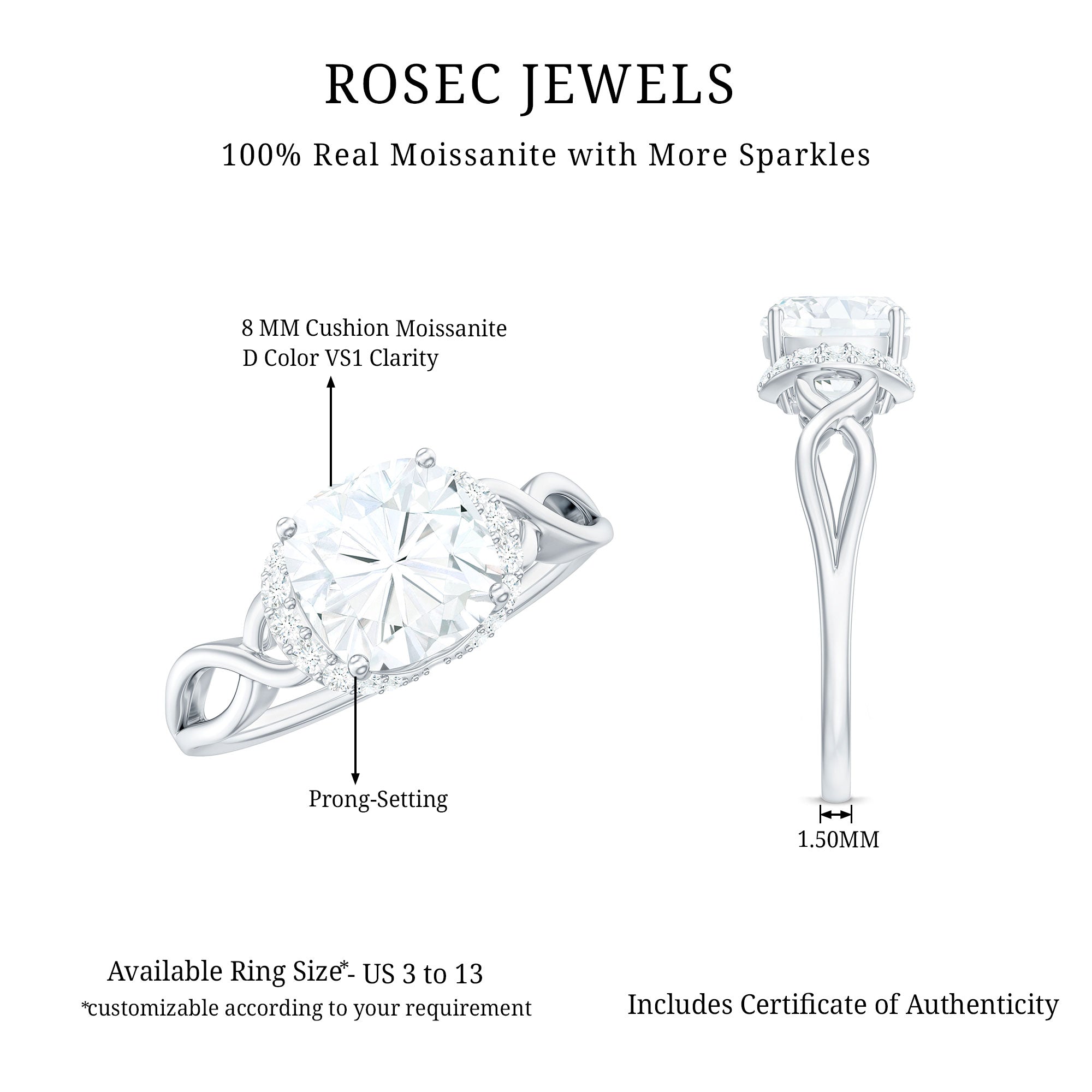3 Carat Cushion Cut Moissanite Solitaire Engagement Ring with Infinity Shank