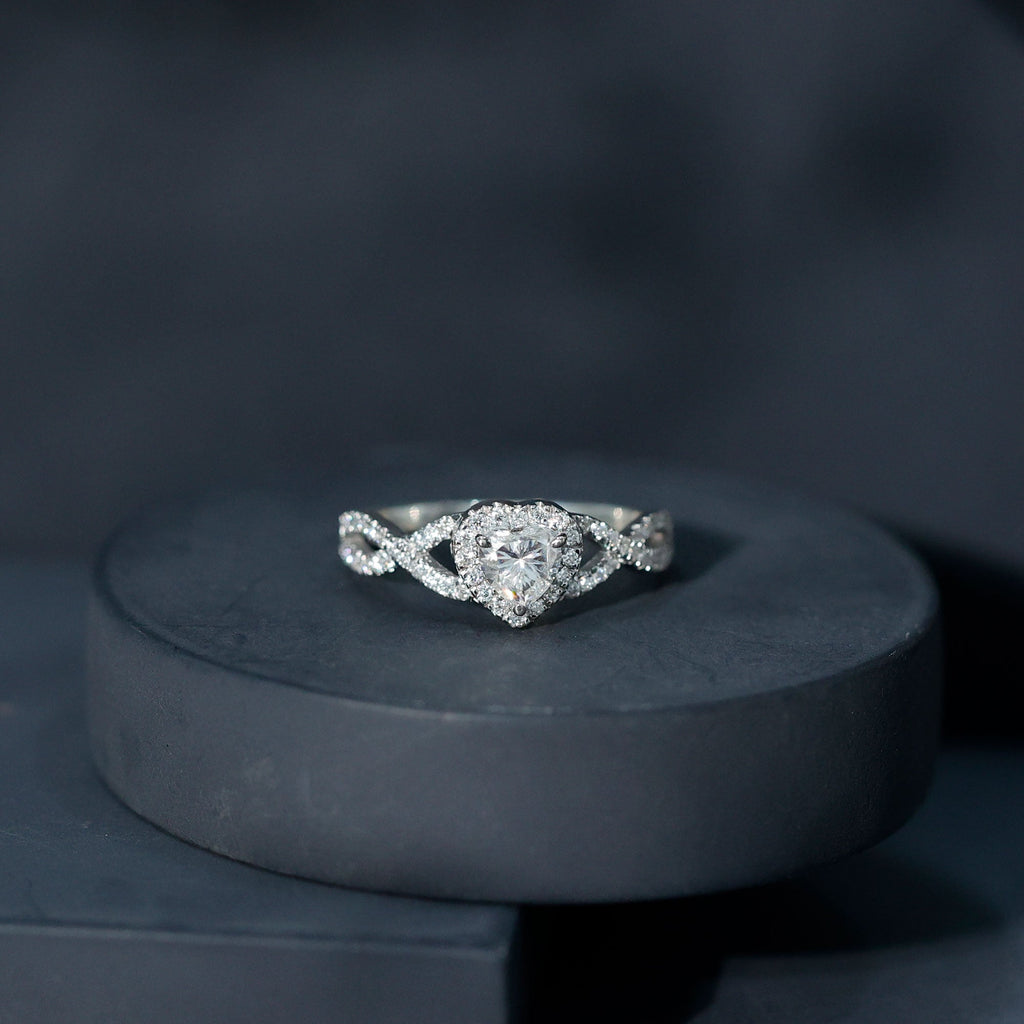 Heart Shape Moissanite Halo Engagement Ring with Infinity Band