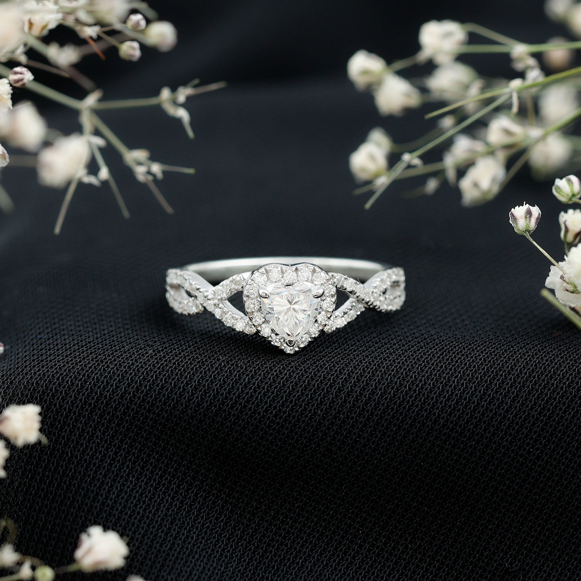 Heart Shape Moissanite Halo Engagement Ring with Infinity Band