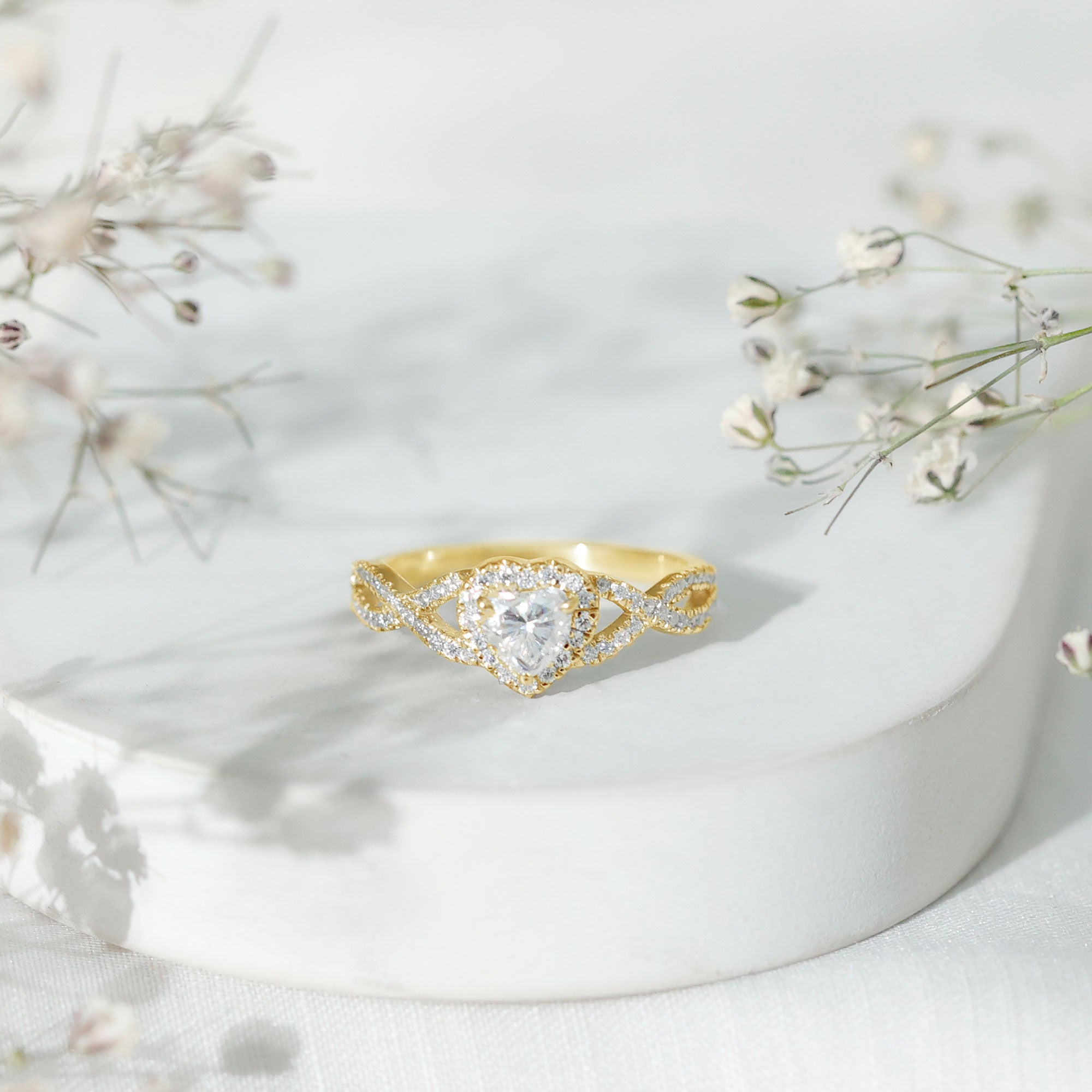 Heart Shape Moissanite Halo Engagement Ring with Infinity Band