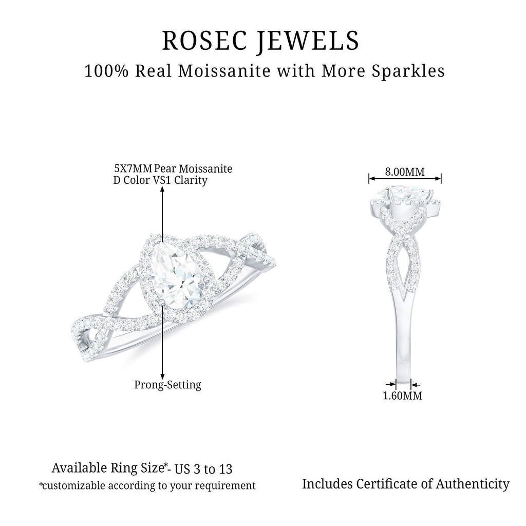 Pear Shaped Moissanite Crossover Engagement Ring with Halo