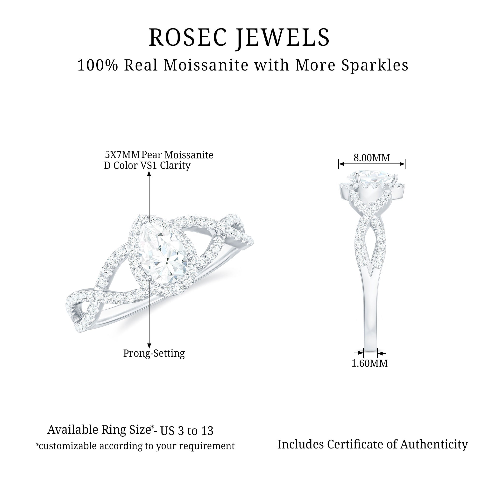 Pear Shaped Moissanite Crossover Engagement Ring with Halo