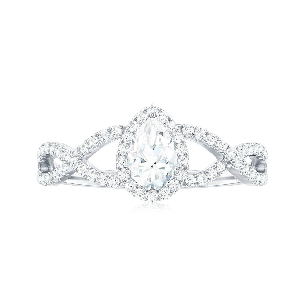Pear Shaped Moissanite Crossover Engagement Ring with Halo