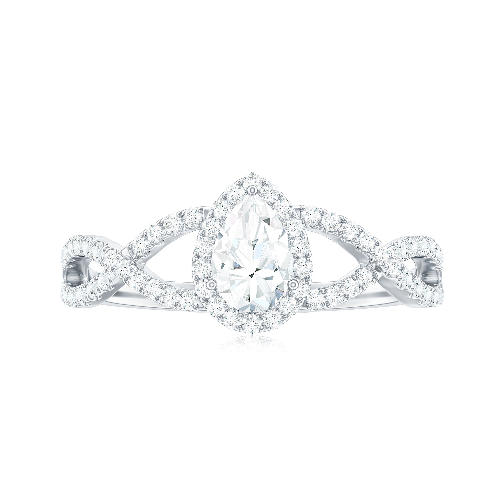 Pear Shaped Moissanite Crossover Engagement Ring with Halo