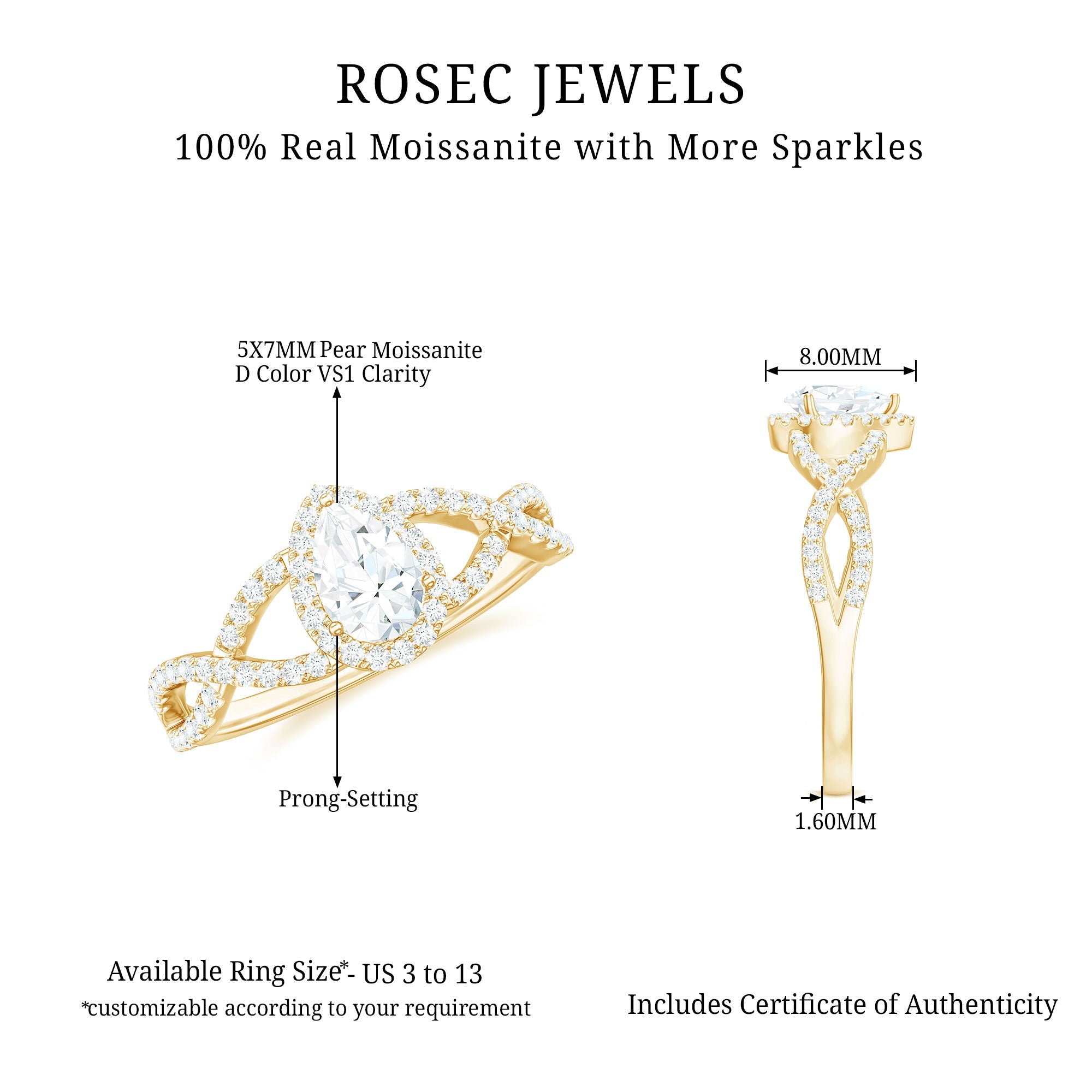 Pear Shaped Moissanite Crossover Engagement Ring with Halo