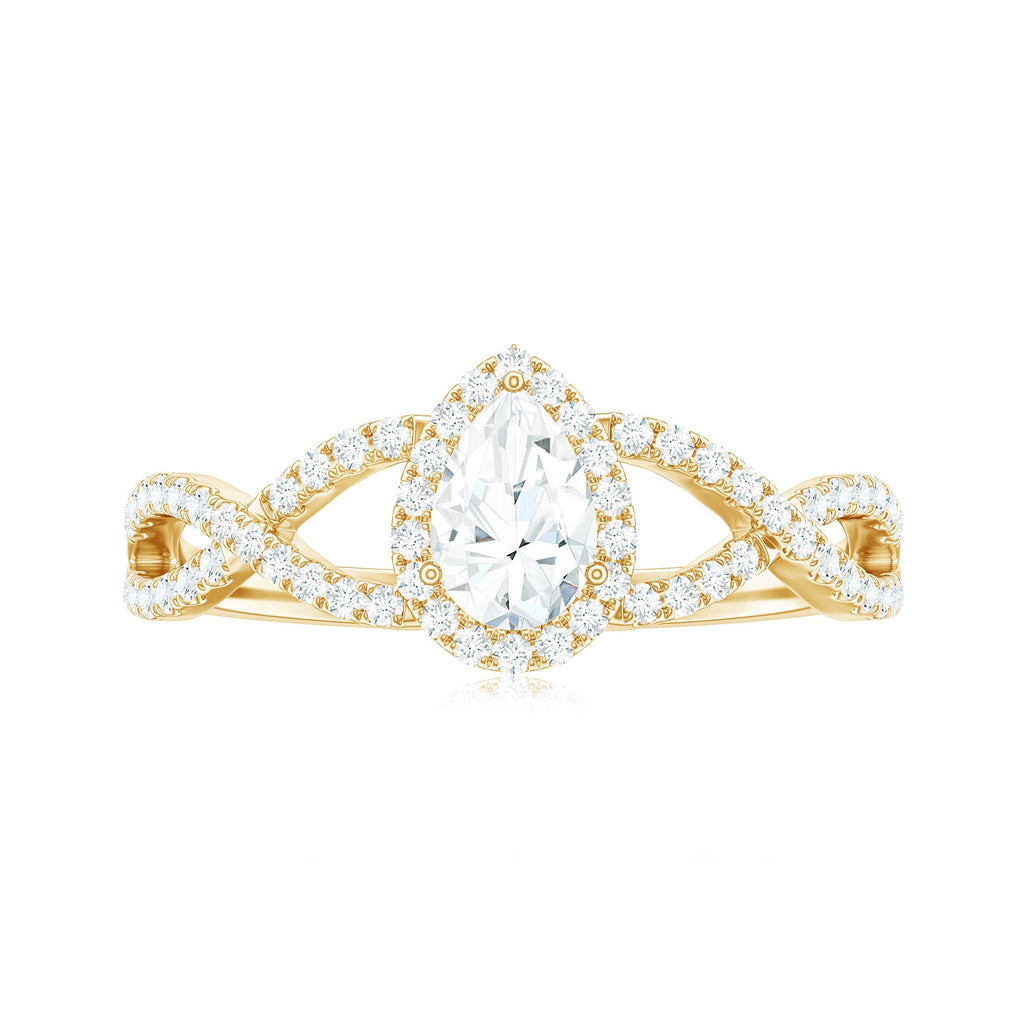 Pear Shaped Moissanite Crossover Engagement Ring with Halo