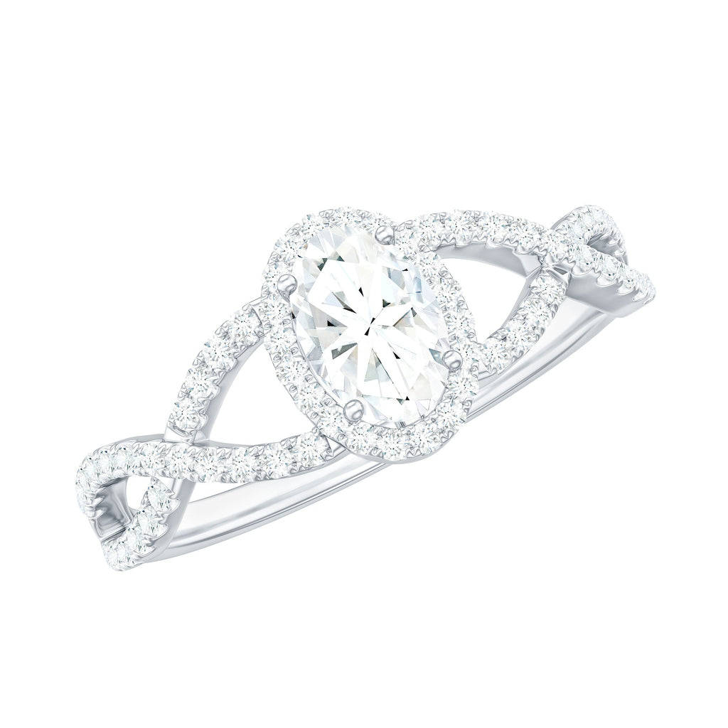 Certified Oval Cut Moissanite Halo Engagement Ring with Crossover Shank