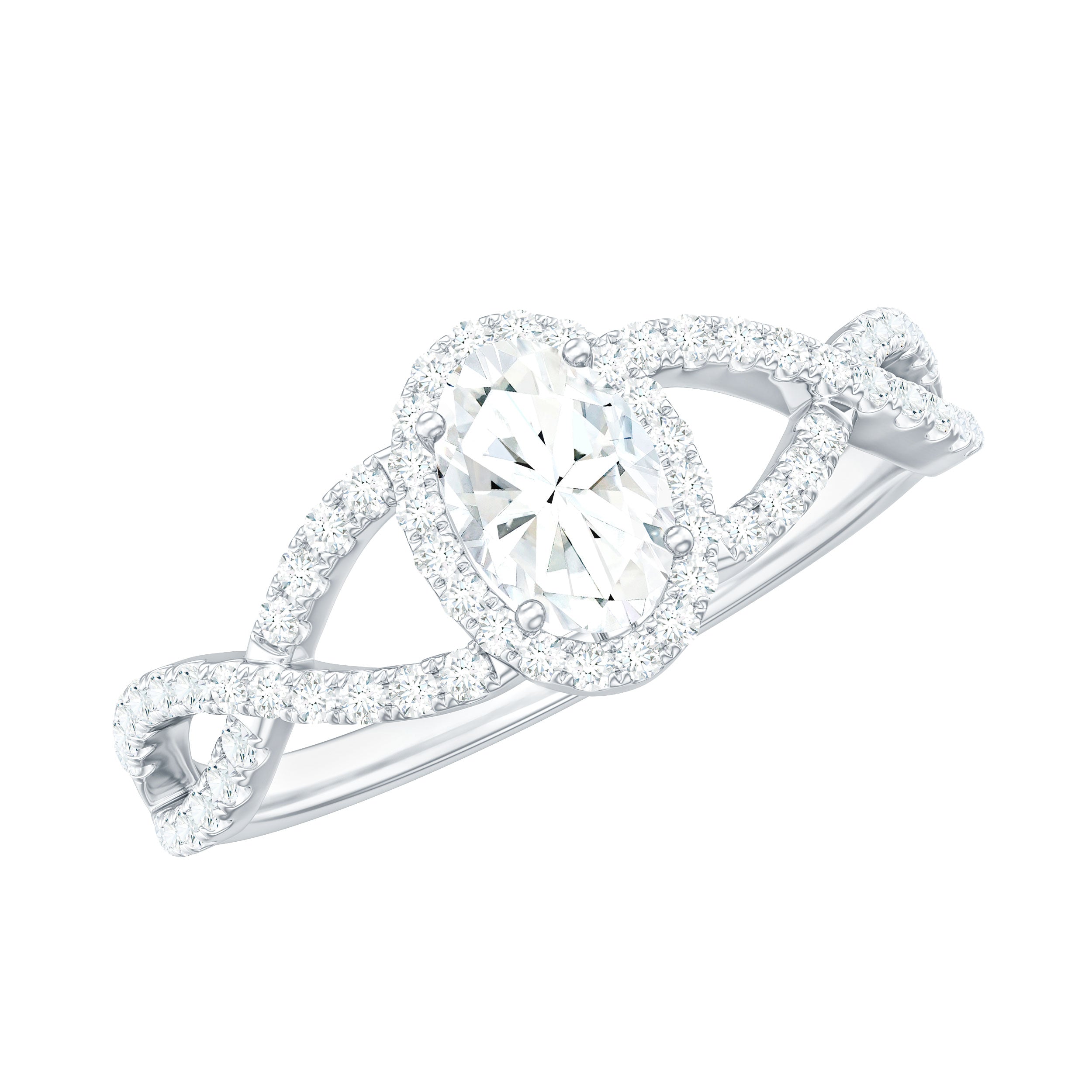 Certified Oval Cut Moissanite Halo Engagement Ring with Crossover Shank
