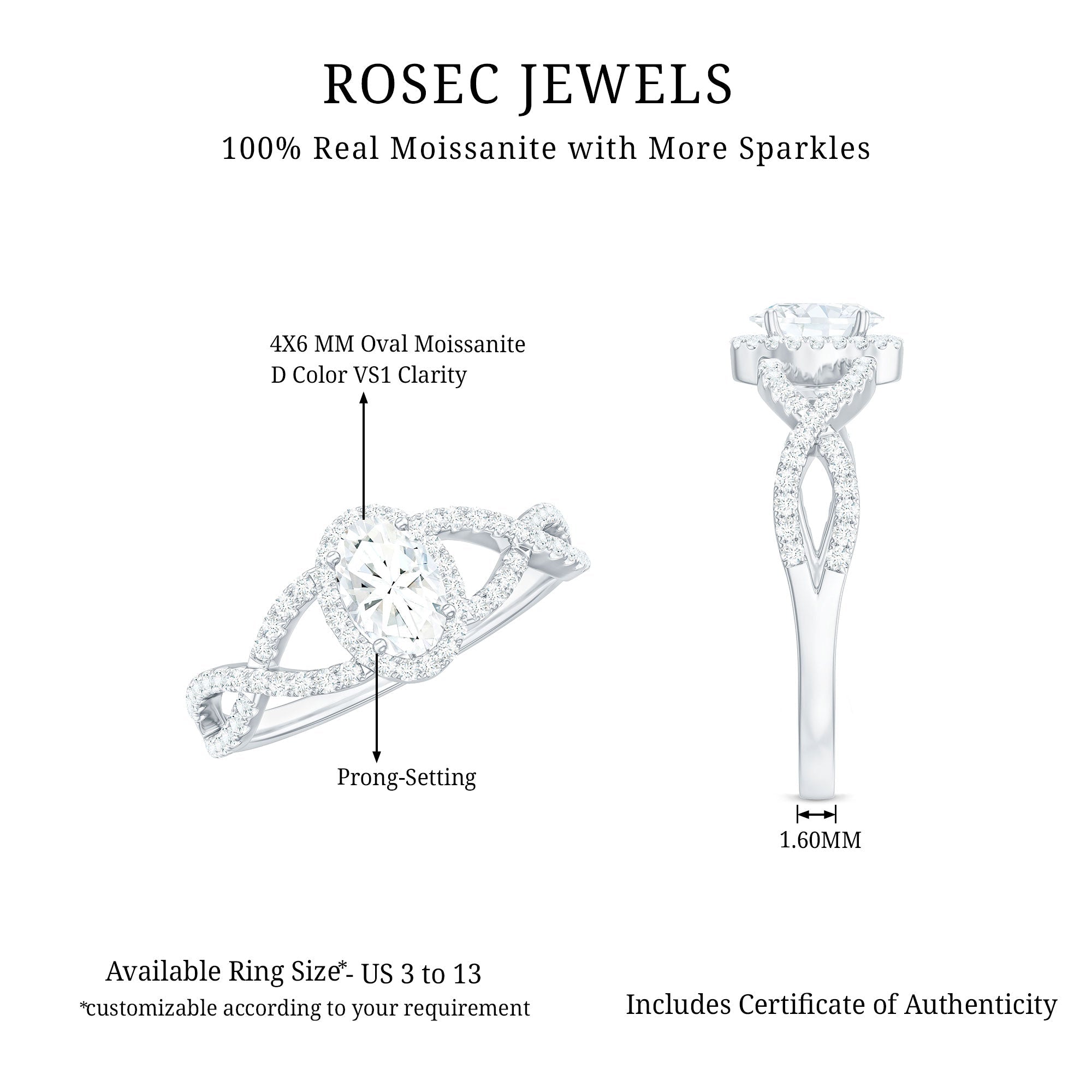 Certified Oval Cut Moissanite Halo Engagement Ring with Crossover Shank