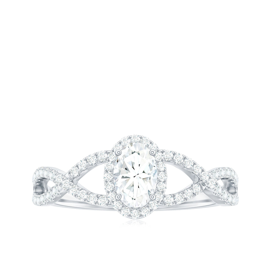 Certified Oval Cut Moissanite Halo Engagement Ring with Crossover Shank