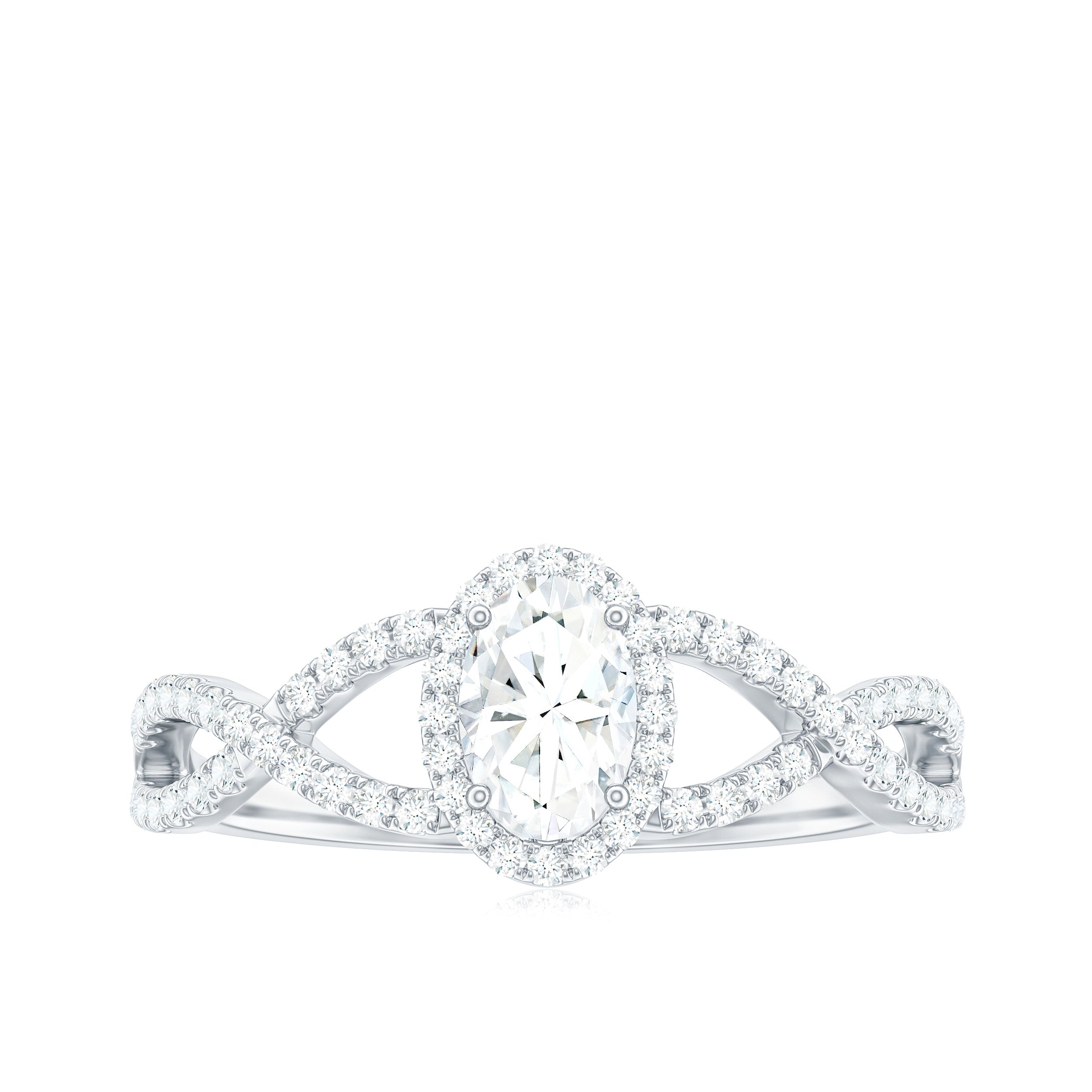 Certified Oval Cut Moissanite Halo Engagement Ring with Crossover Shank