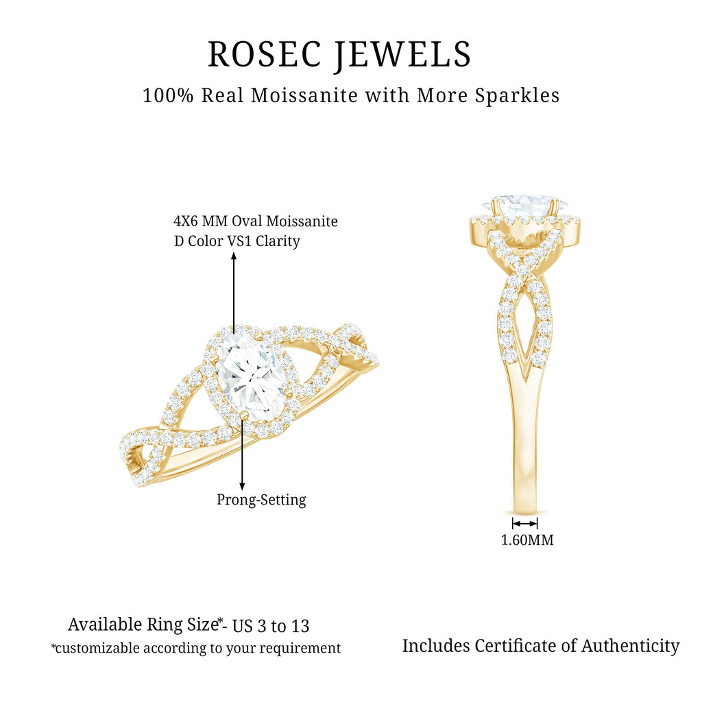 Certified Oval Cut Moissanite Halo Engagement Ring with Crossover Shank