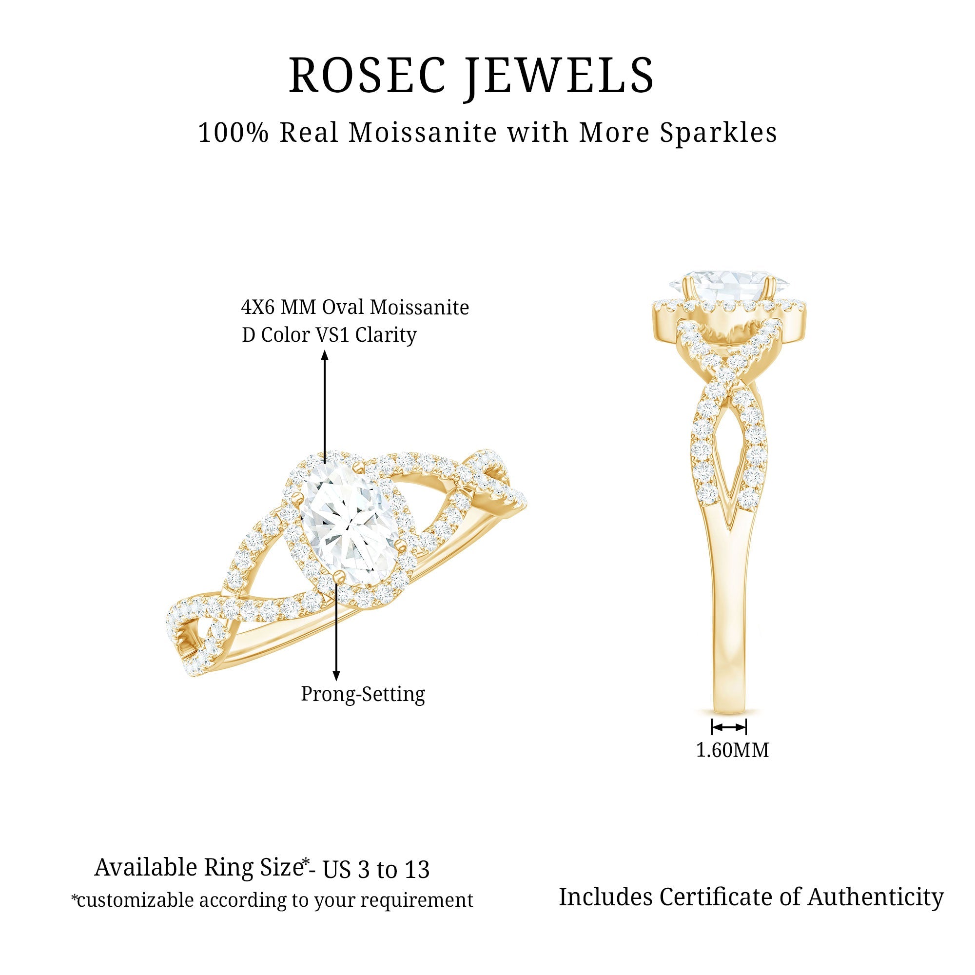 Certified Oval Cut Moissanite Halo Engagement Ring with Crossover Shank