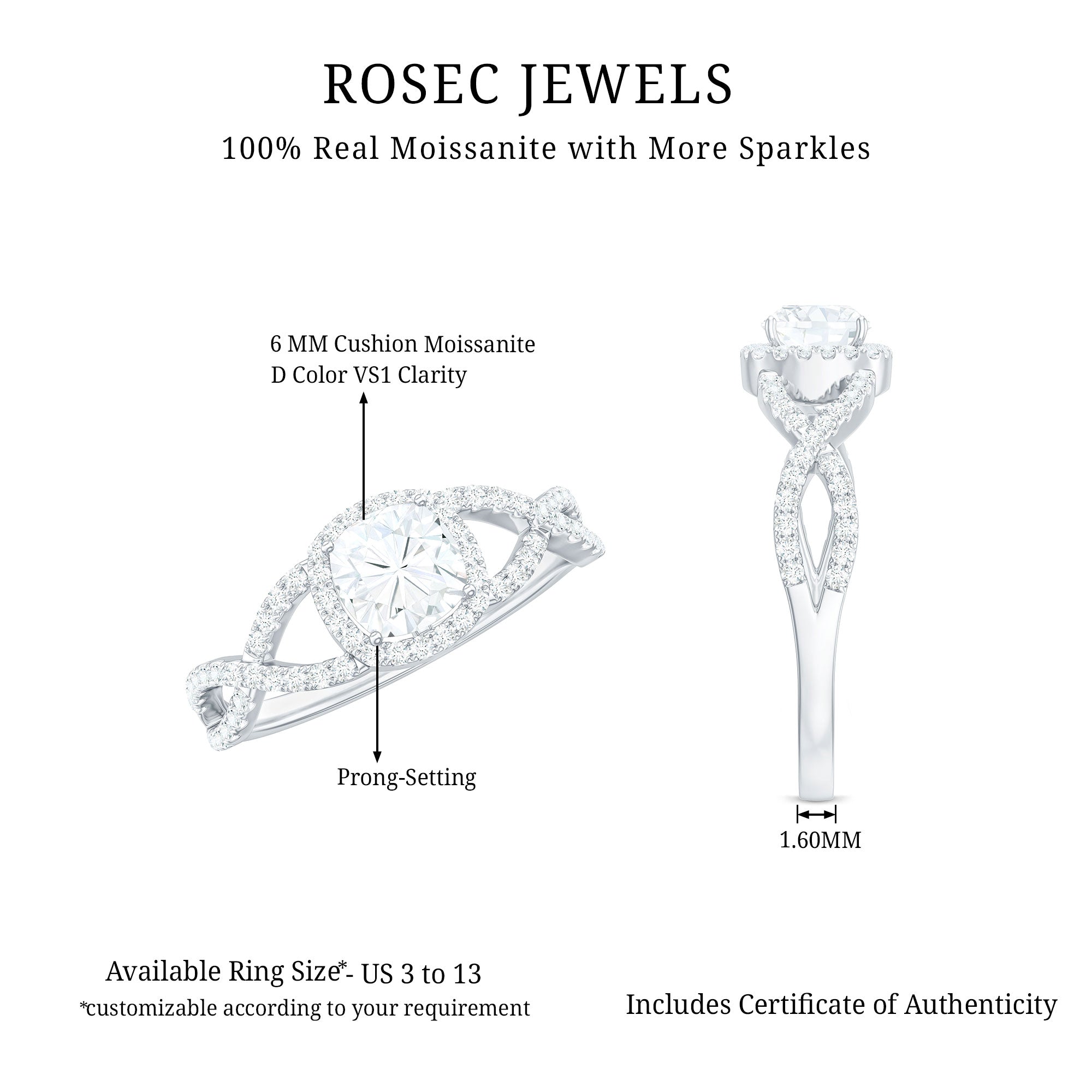 1.7 Carat Cushion Cut Moissanite Halo Engagement Ring with Crossover Shank