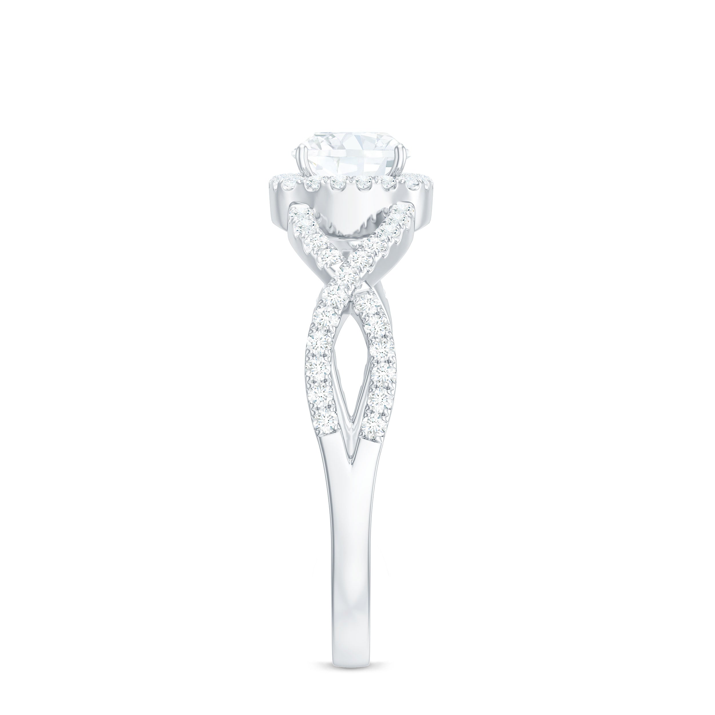 1.7 Carat Cushion Cut Moissanite Halo Engagement Ring with Crossover Shank
