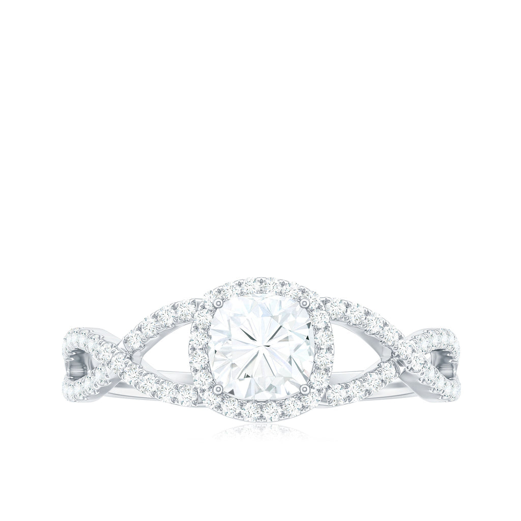 1.7 Carat Cushion Cut Moissanite Halo Engagement Ring with Crossover Shank