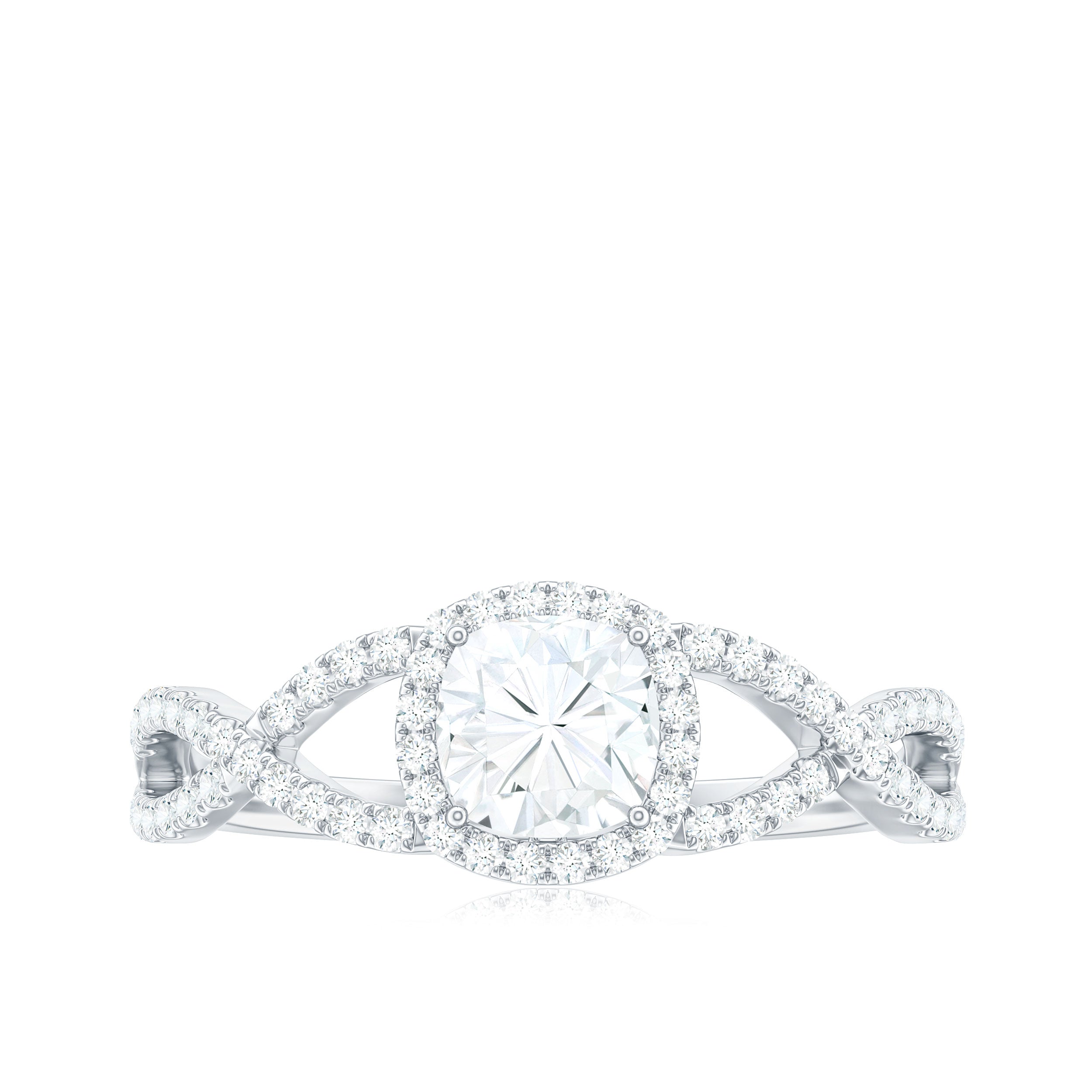1.7 Carat Cushion Cut Moissanite Halo Engagement Ring with Crossover Shank