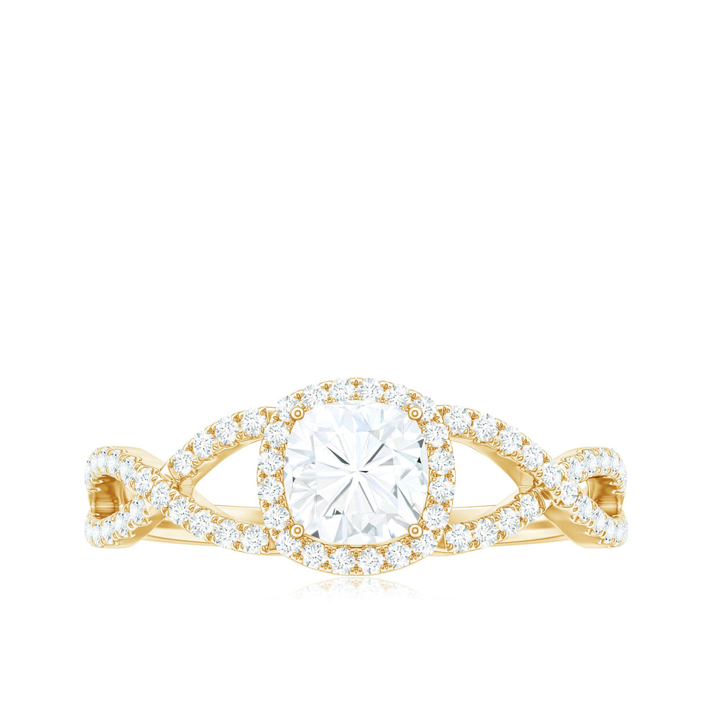 1.7 Carat Cushion Cut Moissanite Halo Engagement Ring with Crossover Shank