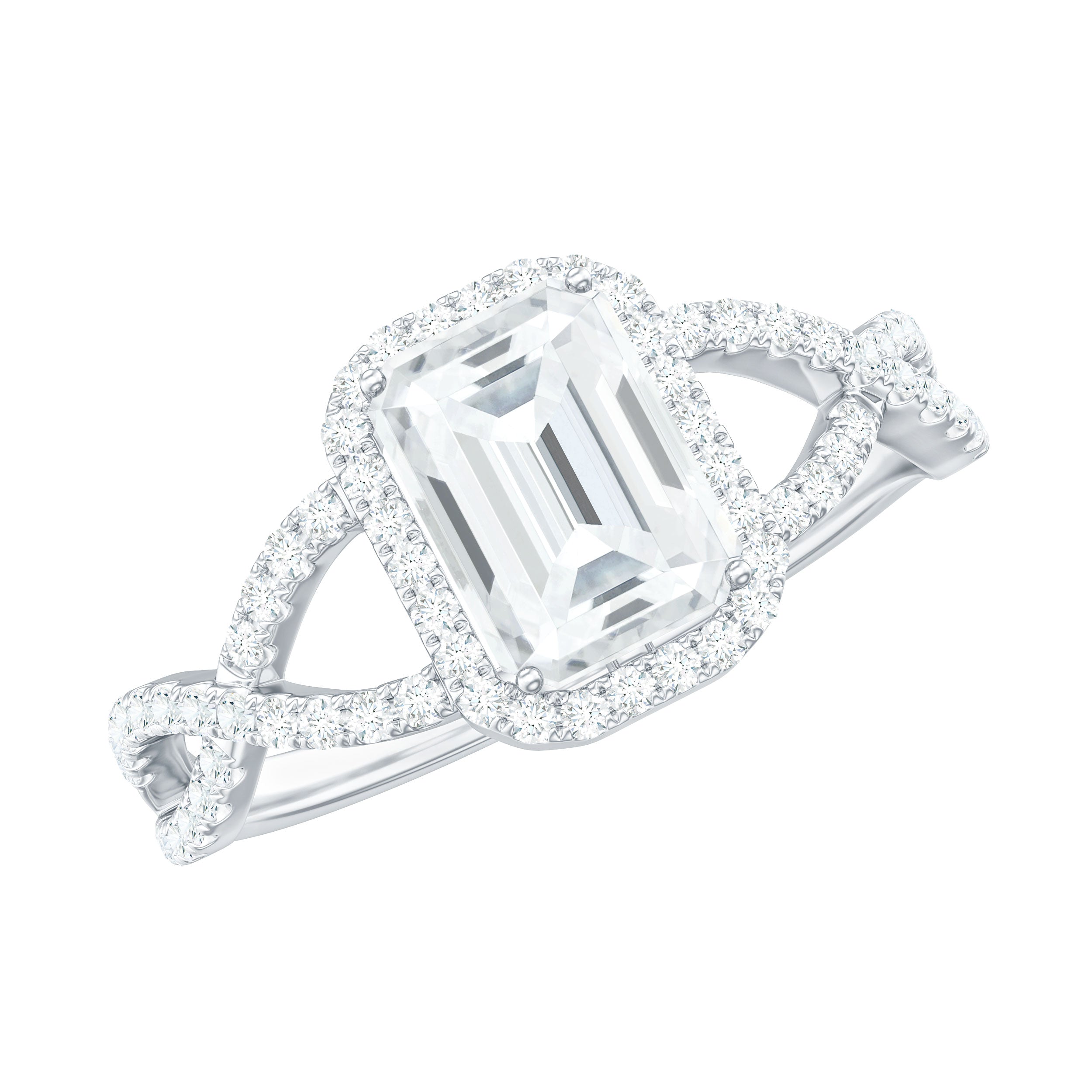 Certified Emerald Cut Moissanite Statement Ring with Crossover Shank