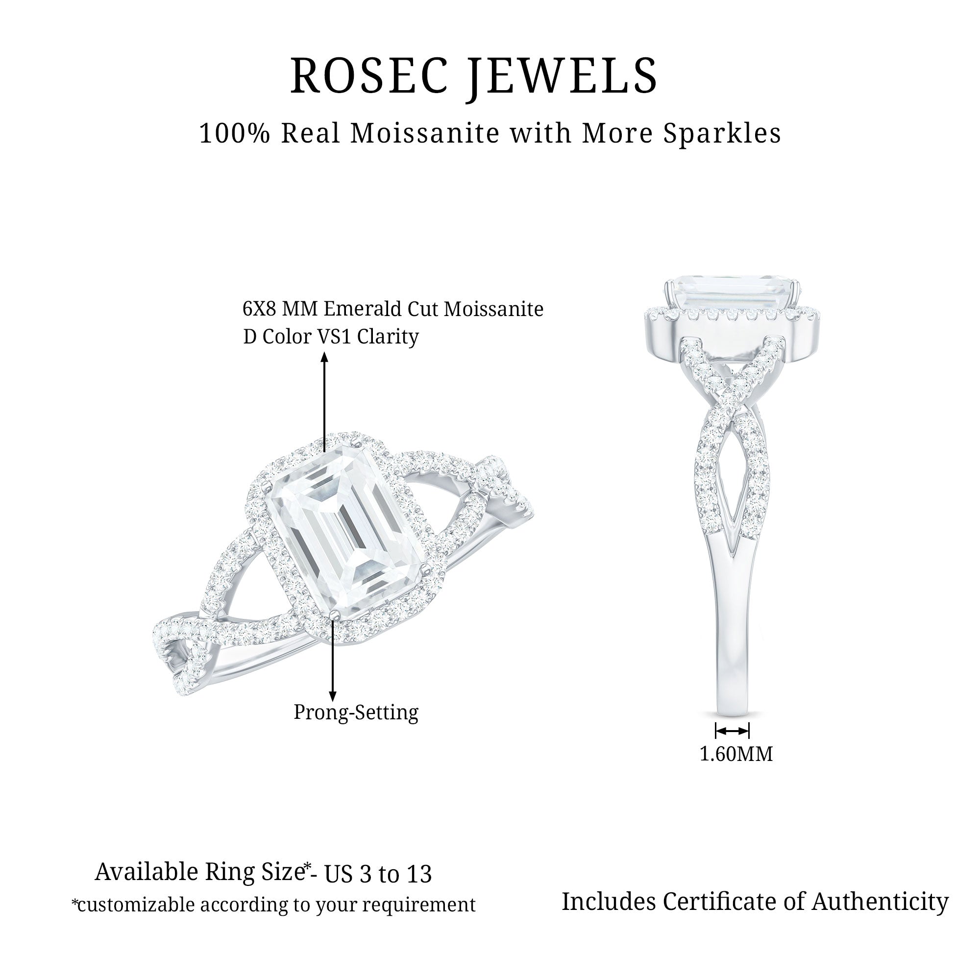 Certified Emerald Cut Moissanite Statement Ring with Crossover Shank