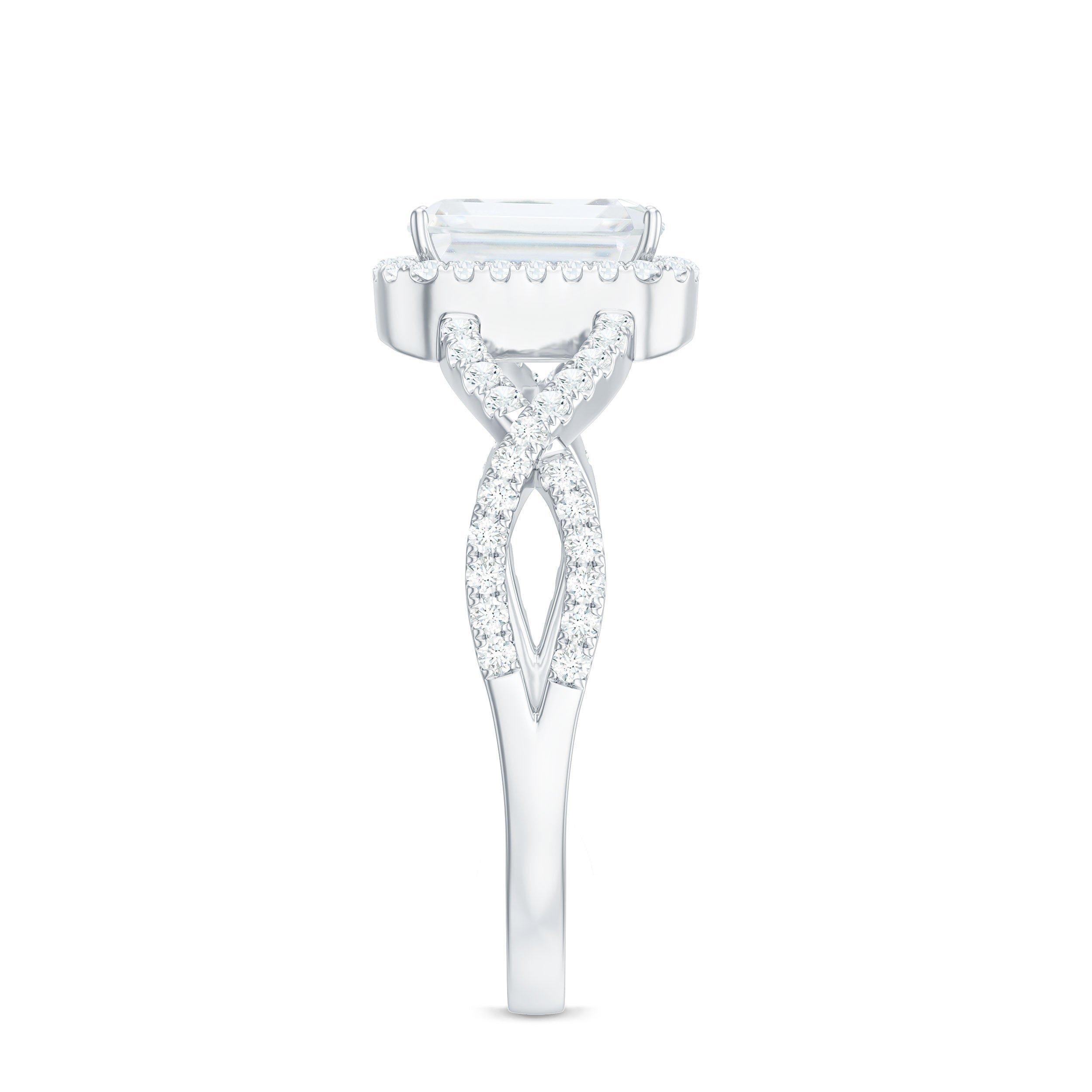 Certified Emerald Cut Moissanite Statement Ring with Crossover Shank