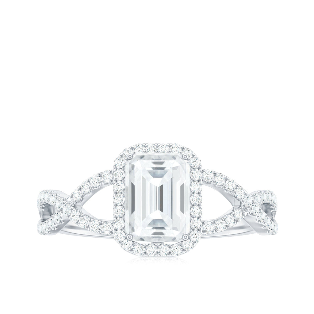 Certified Emerald Cut Moissanite Statement Ring with Crossover Shank