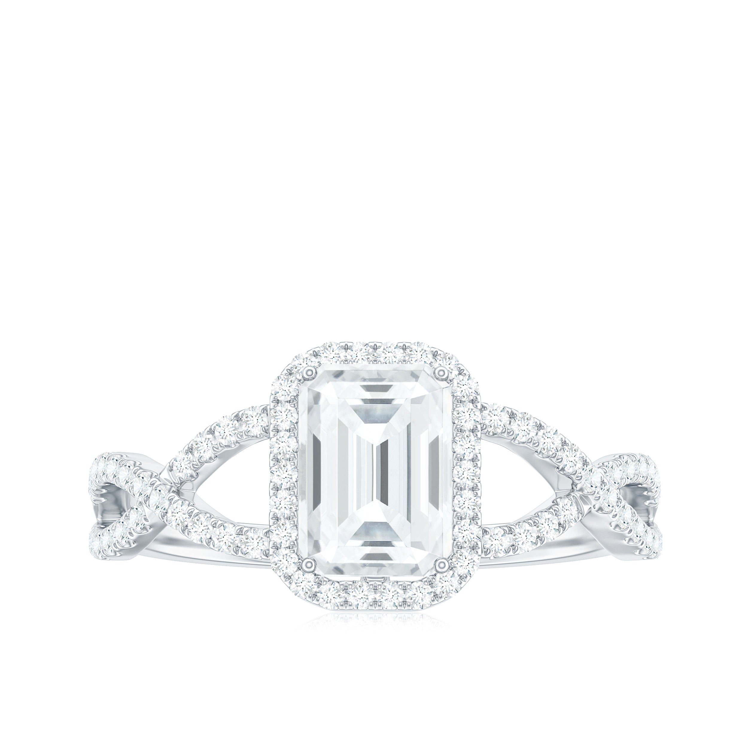 Certified Emerald Cut Moissanite Statement Ring with Crossover Shank