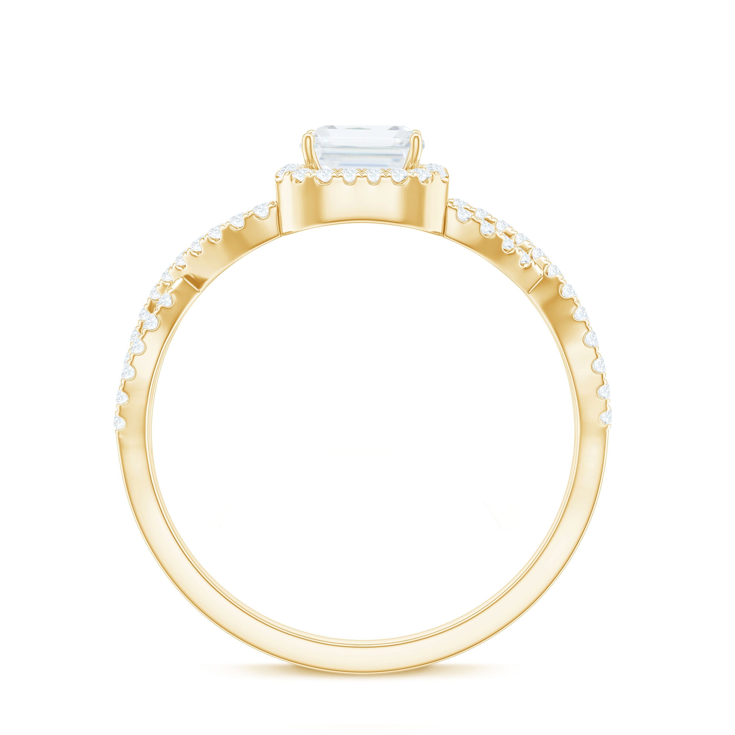 Certified Emerald Cut Moissanite Statement Ring with Crossover Shank