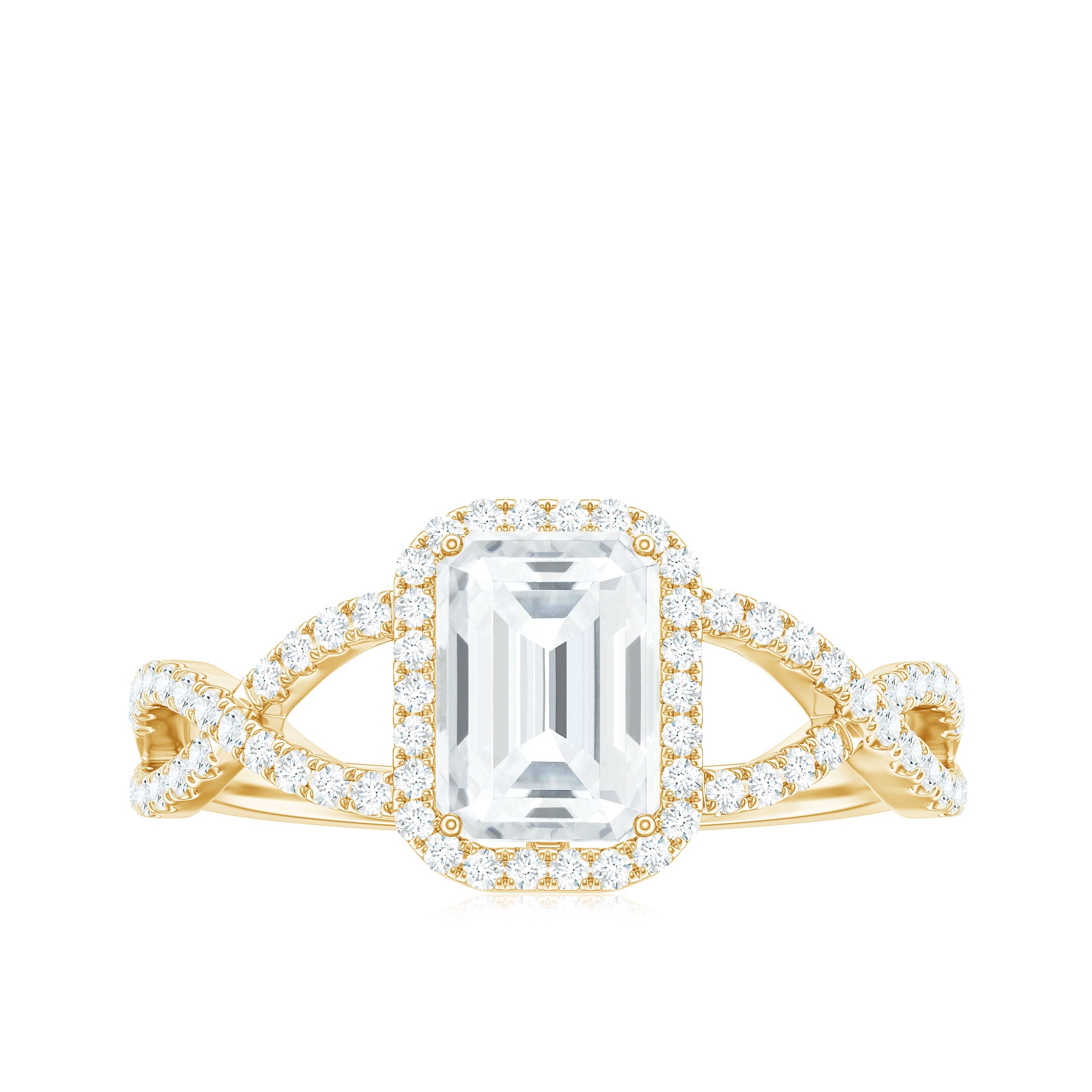 Certified Emerald Cut Moissanite Statement Ring with Crossover Shank