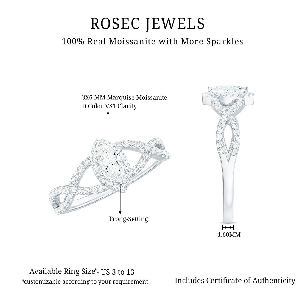 Womens Moissanite Marquise Cut Engagement Ring with Crossover Shank