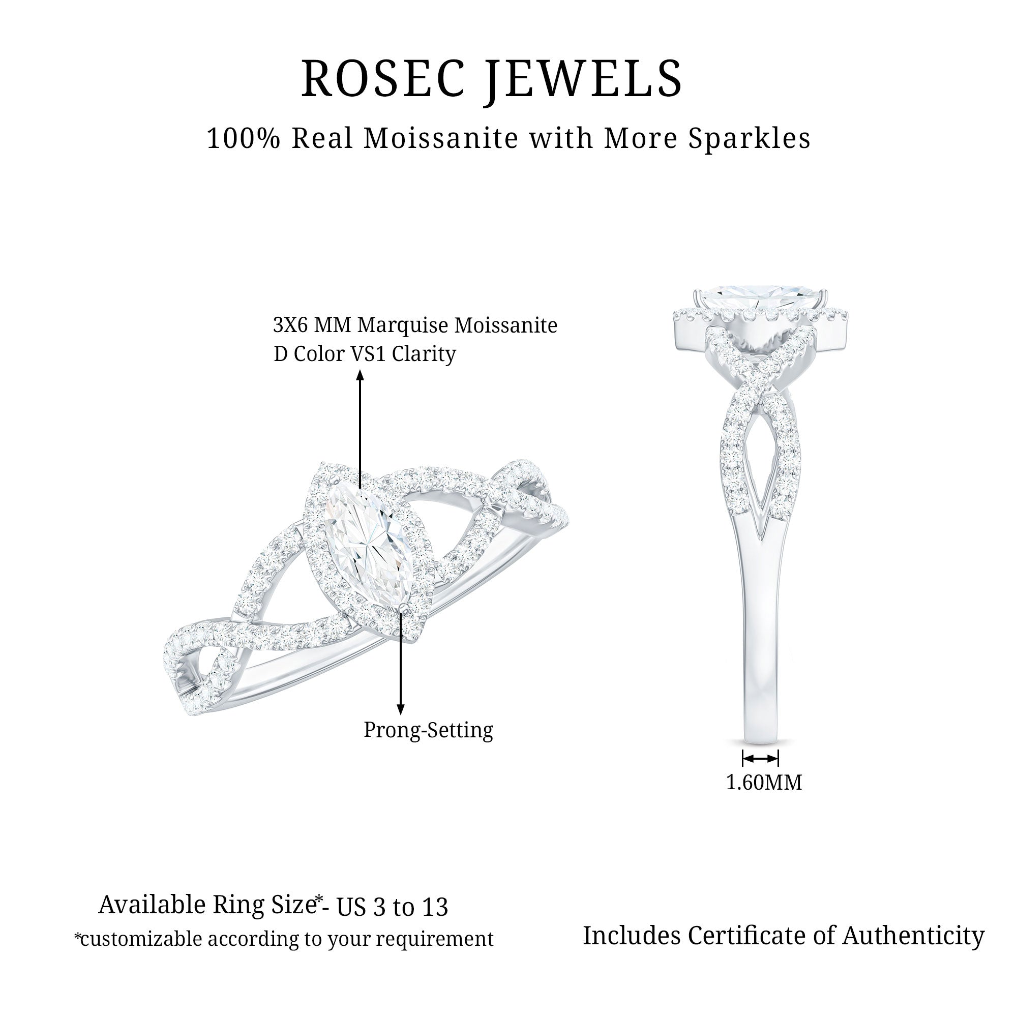 Womens Moissanite Marquise Cut Engagement Ring with Crossover Shank