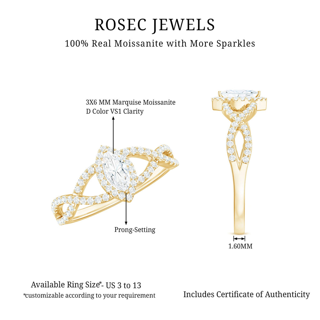 Womens Moissanite Marquise Cut Engagement Ring with Crossover Shank