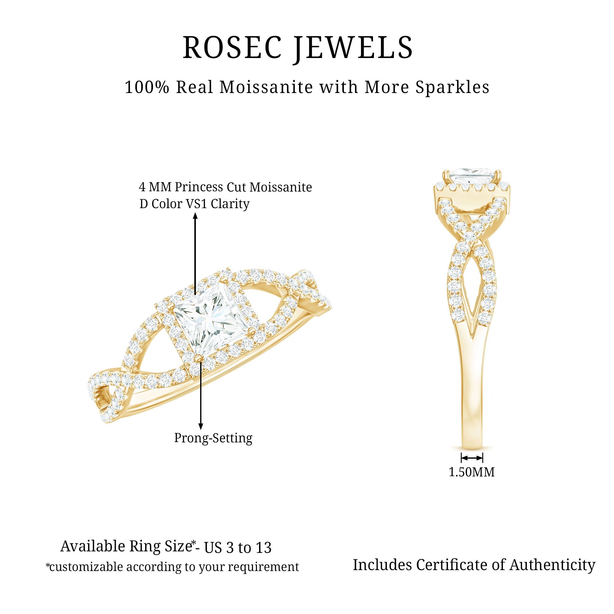 0.3 Carat Moissanite Square Cut Engagement Ring with Crossover Shank