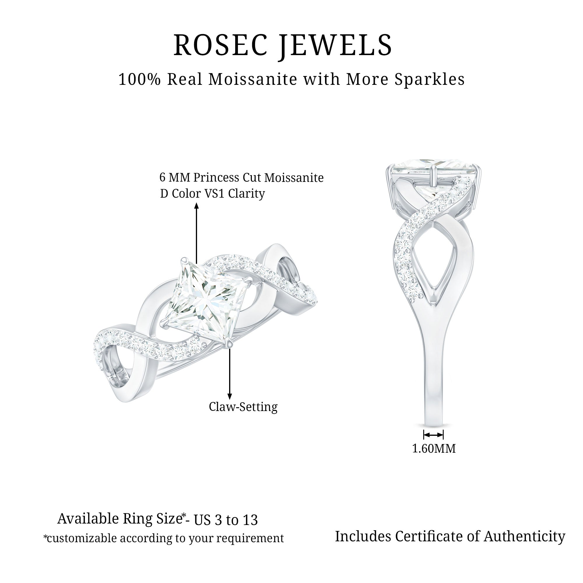 Princess Cut Moissanite Infinity Engagement Ring for Her