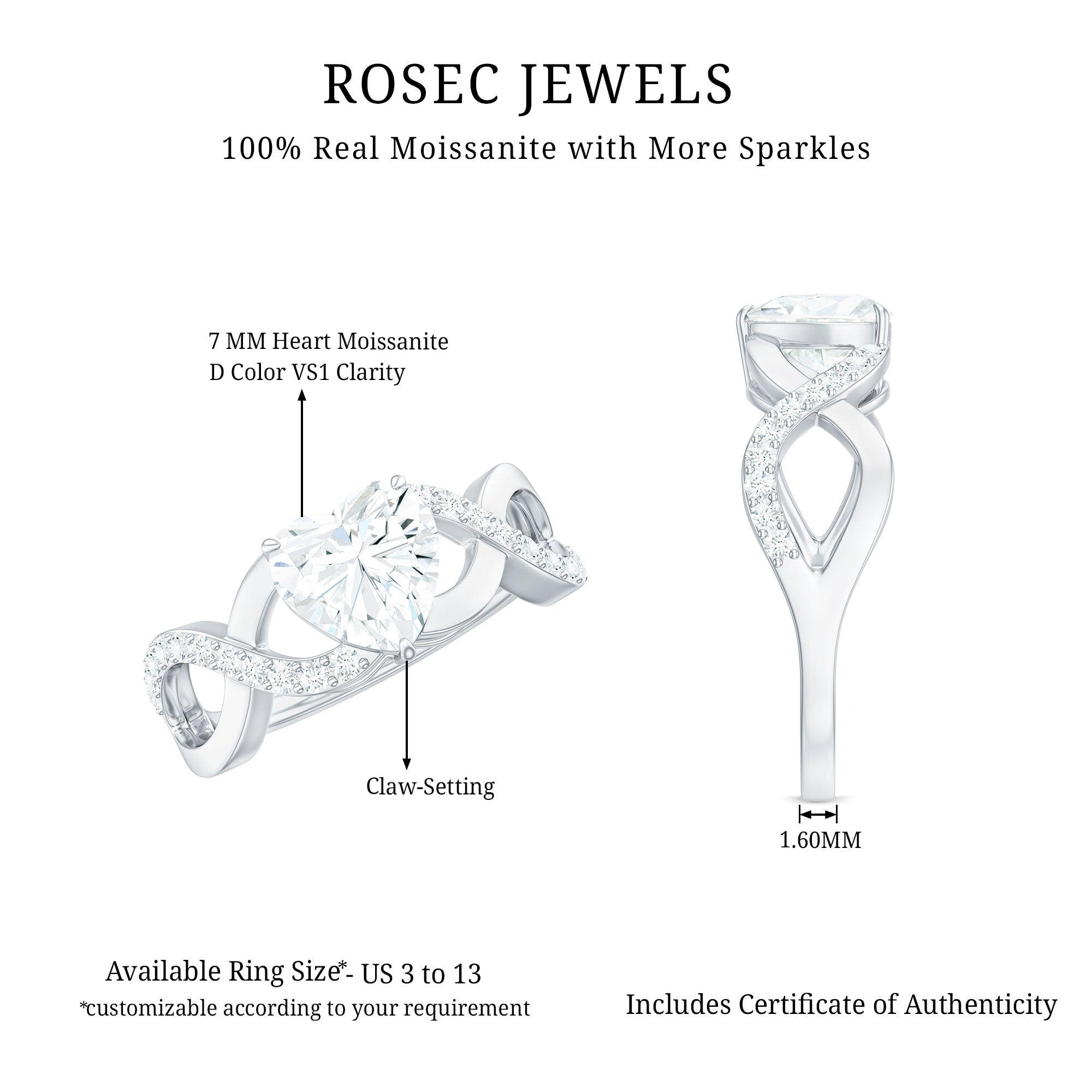 1.5 Carat Heart Shape Moissanite Solitaire Engagement Ring with Crossover Shank