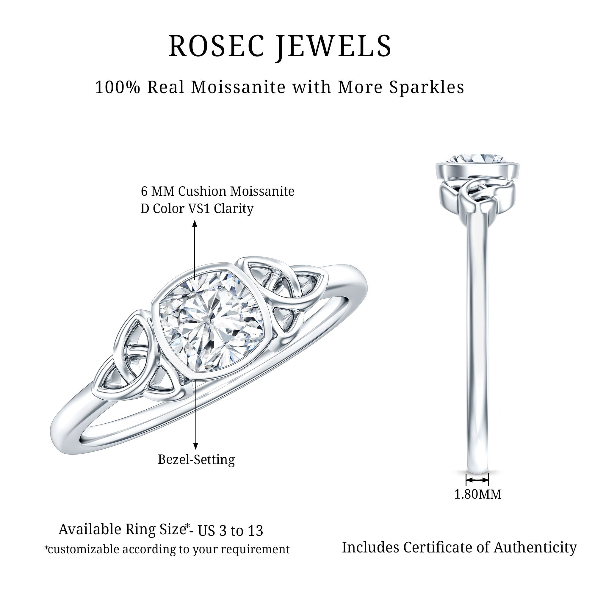 Brilliant Cut Moissanite Celtic Knot Engagement Ring in Bezel Setting