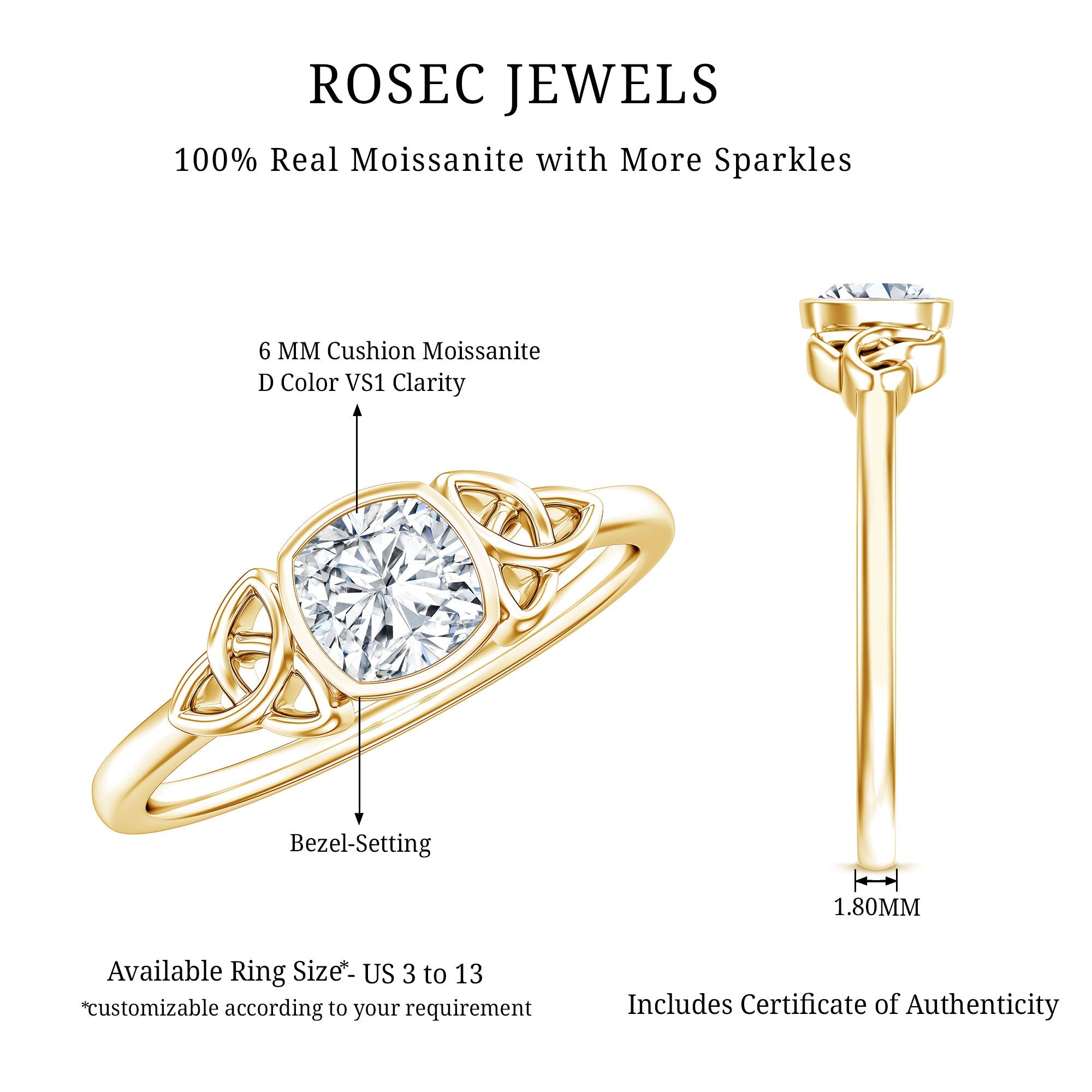 Brilliant Cut Moissanite Celtic Knot Engagement Ring in Bezel Setting
