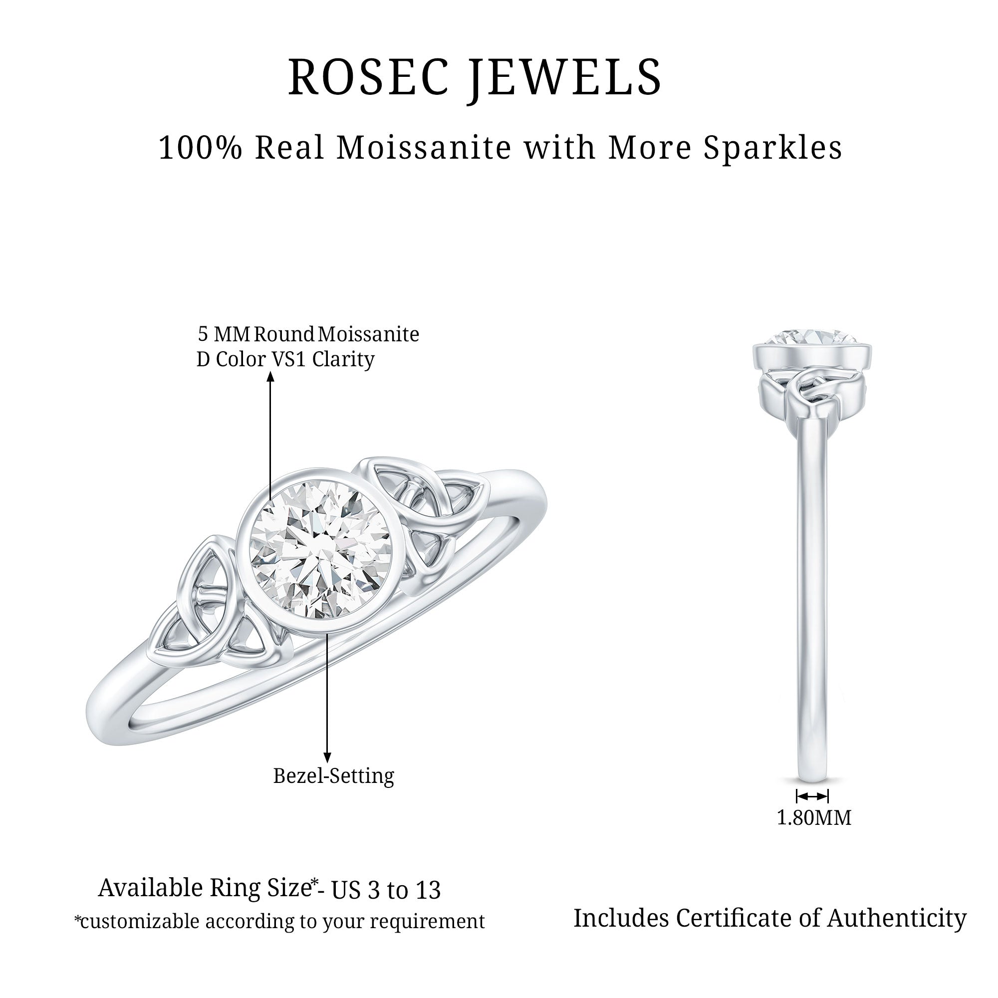 Bezel Set Moissanite Promise Ring with Celtic Knot Details