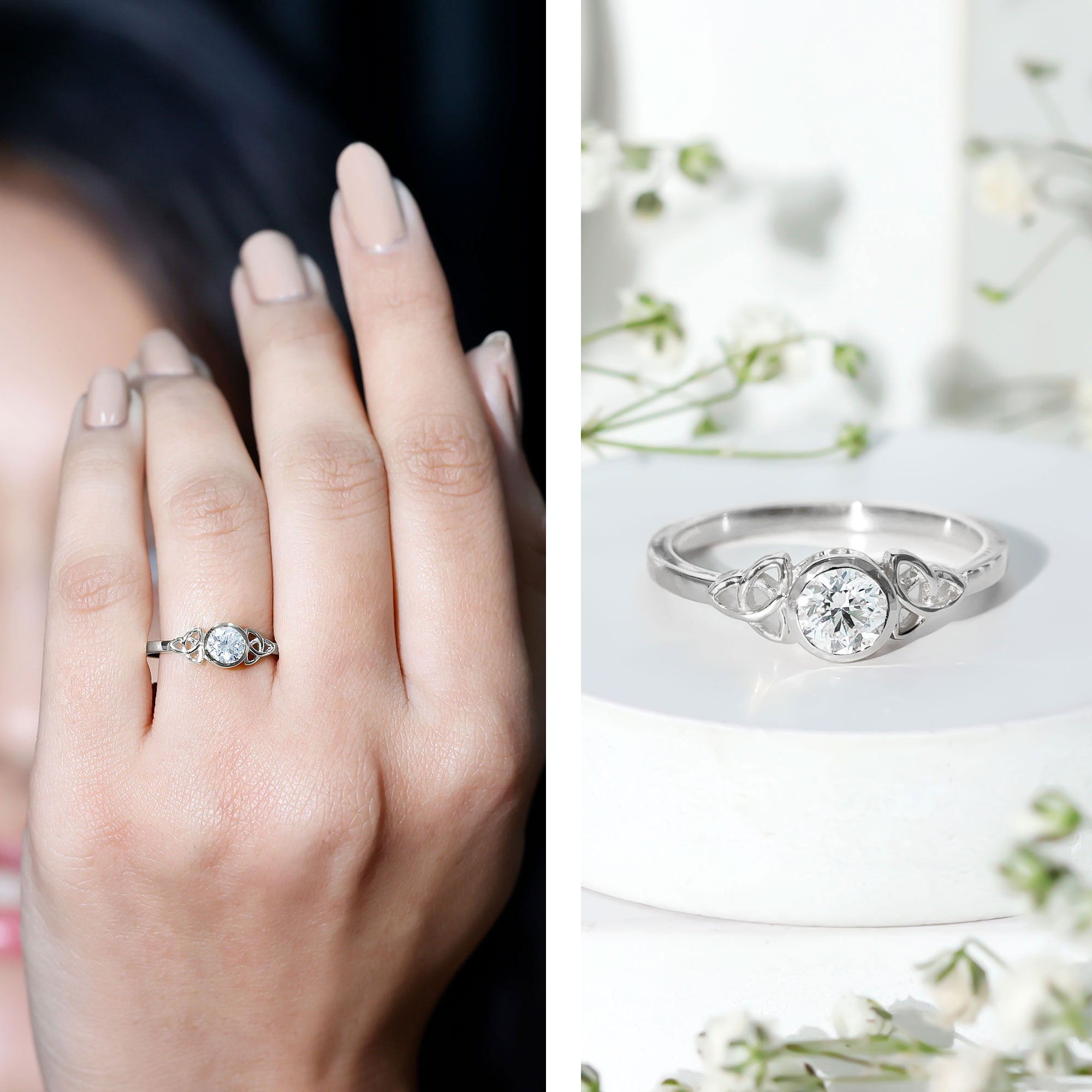 Bezel Set Moissanite Promise Ring with Celtic Knot Details