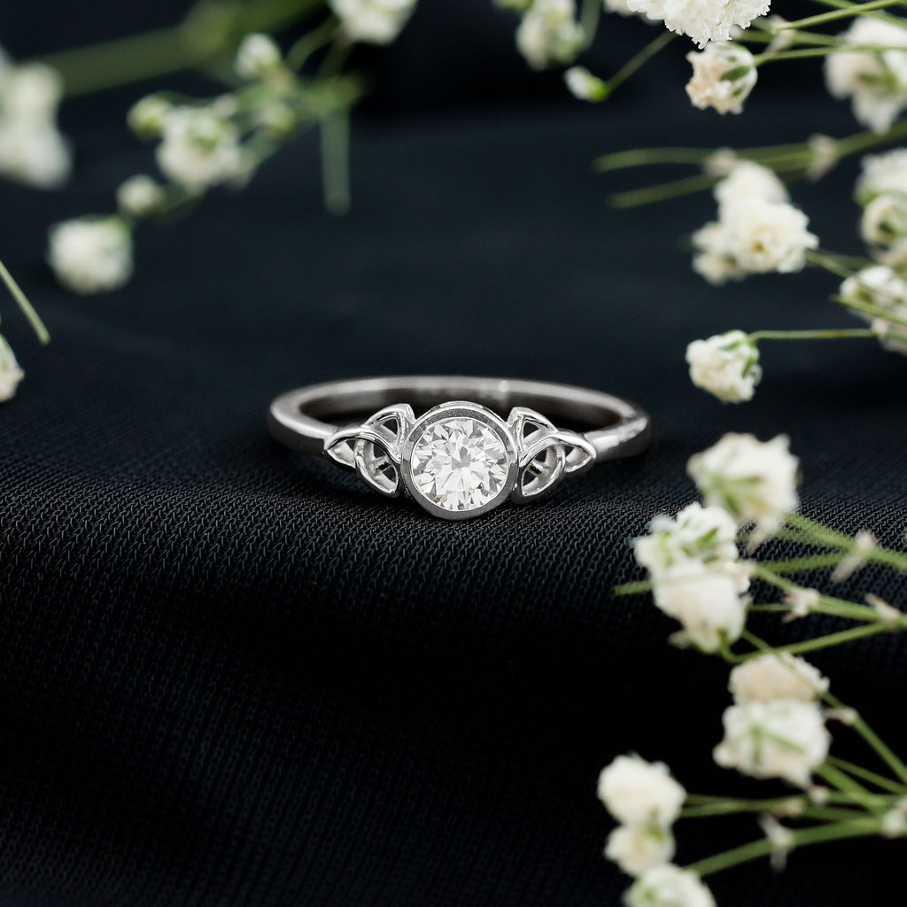 Bezel Set Moissanite Promise Ring with Celtic Knot Details