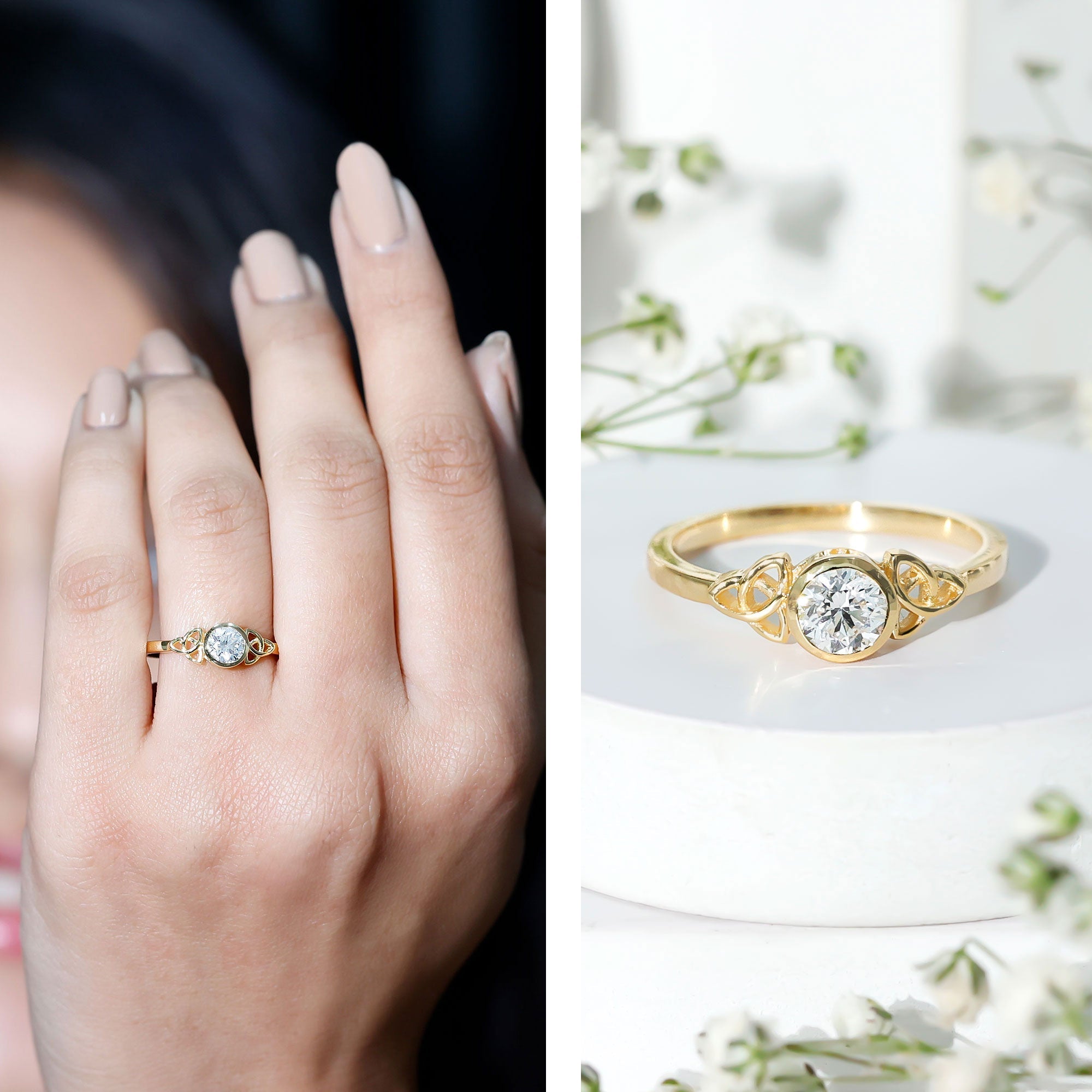Bezel Set Moissanite Promise Ring with Celtic Knot Details
